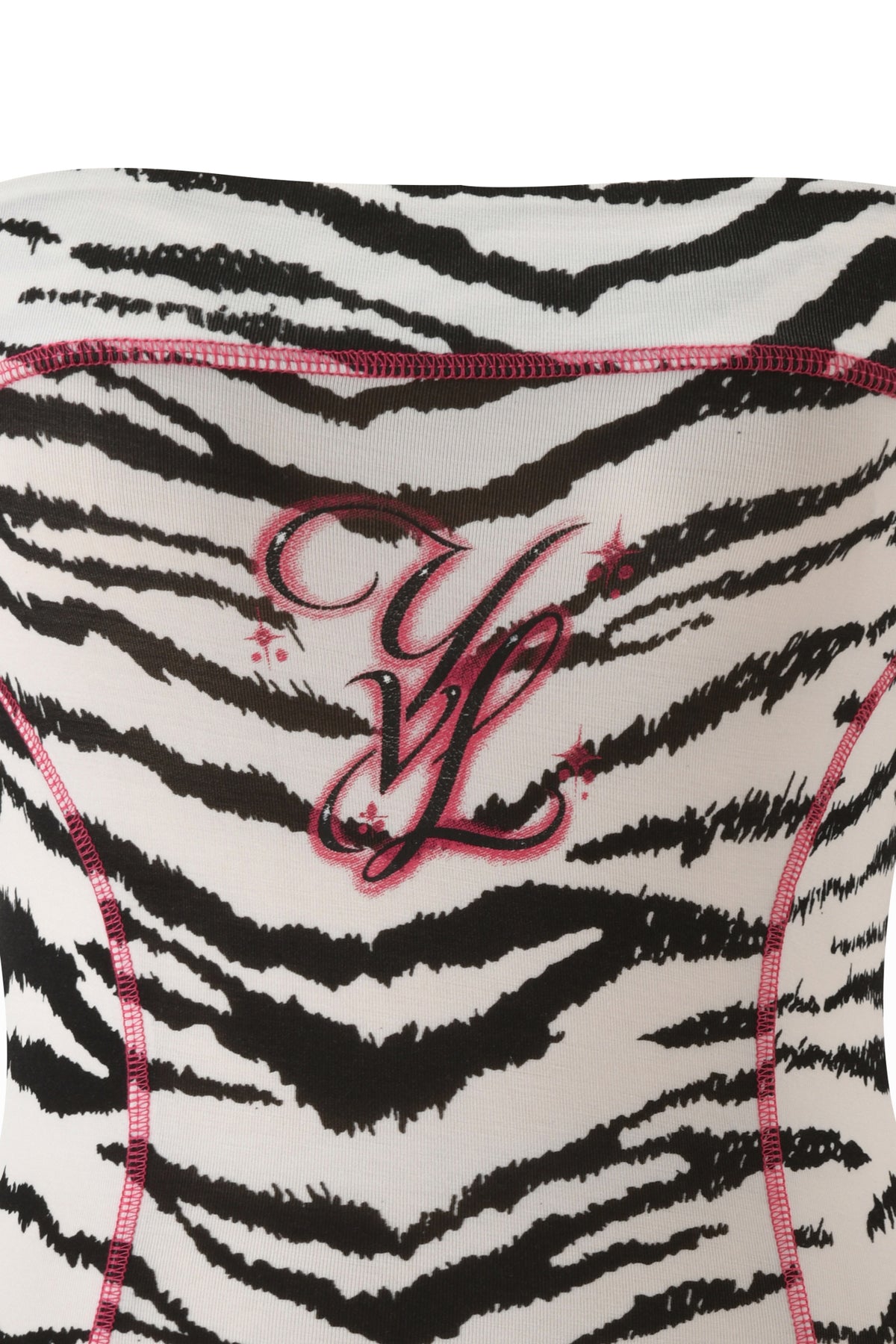 Close-up of an I.AM.GIA YVL BLARE TUBE MINI DRESS - ZEBRA with visible pink stitching and an embroidered pink and black “YL” logo on the chest.