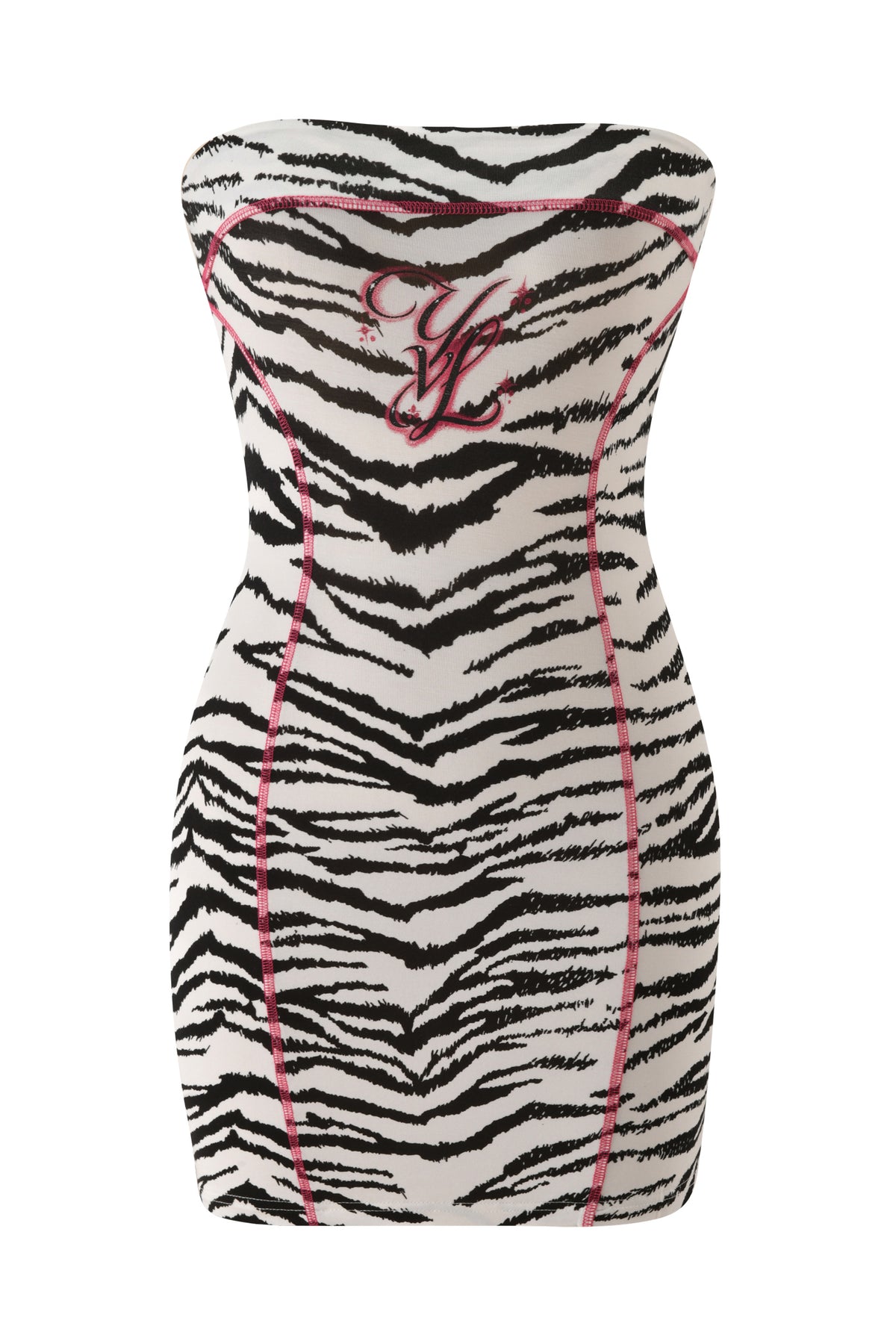 Strapless YVL BLARE TUBE MINI DRESS - ZEBRA with pink exposed stitching and a pink embroidered logo on the chest.