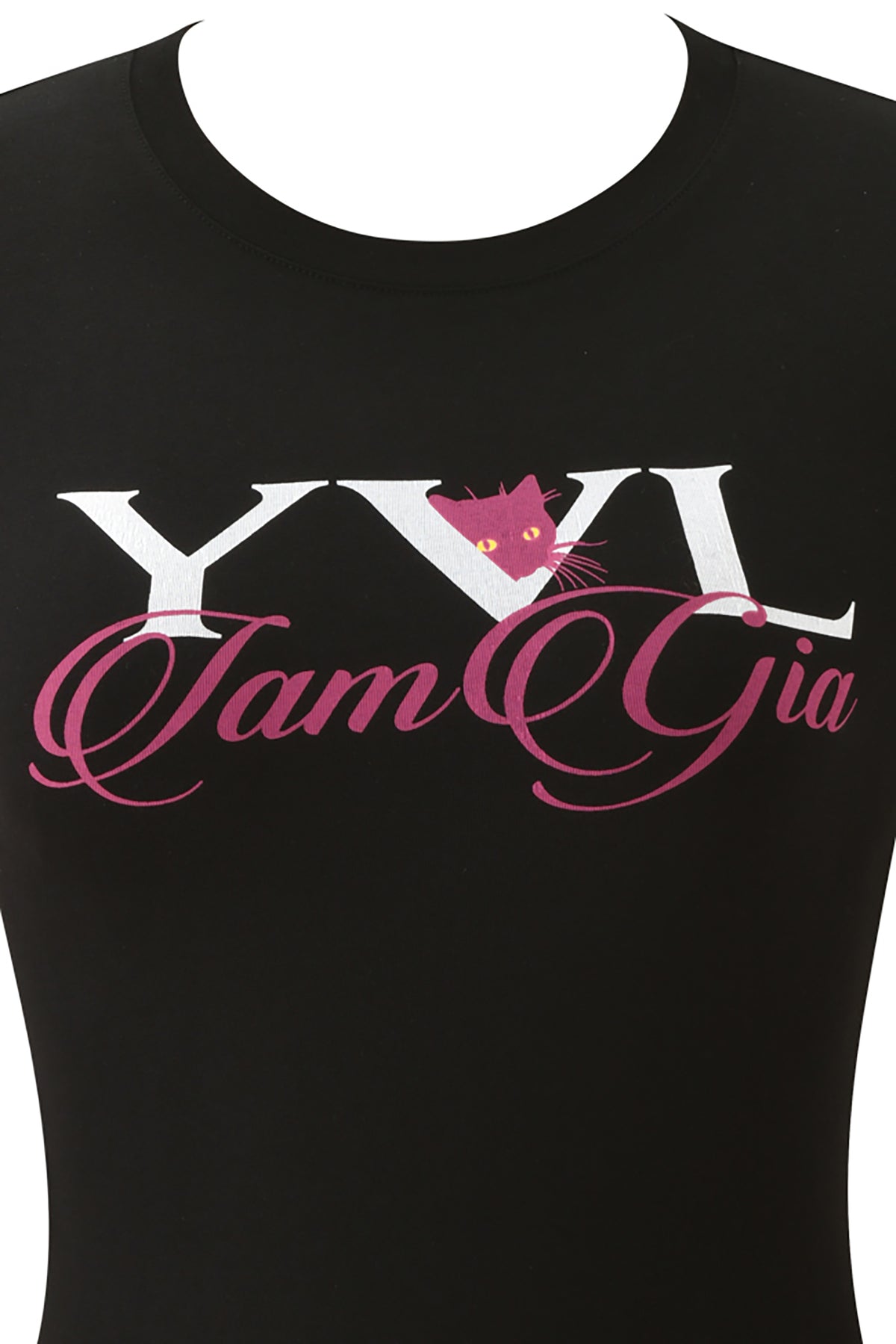 Black YVL T-SHIRT - BLACK CAT crewneck featuring a white “YVL” graphic, a pink script logo, and a small pink cat illustration nestled inside the letter V.