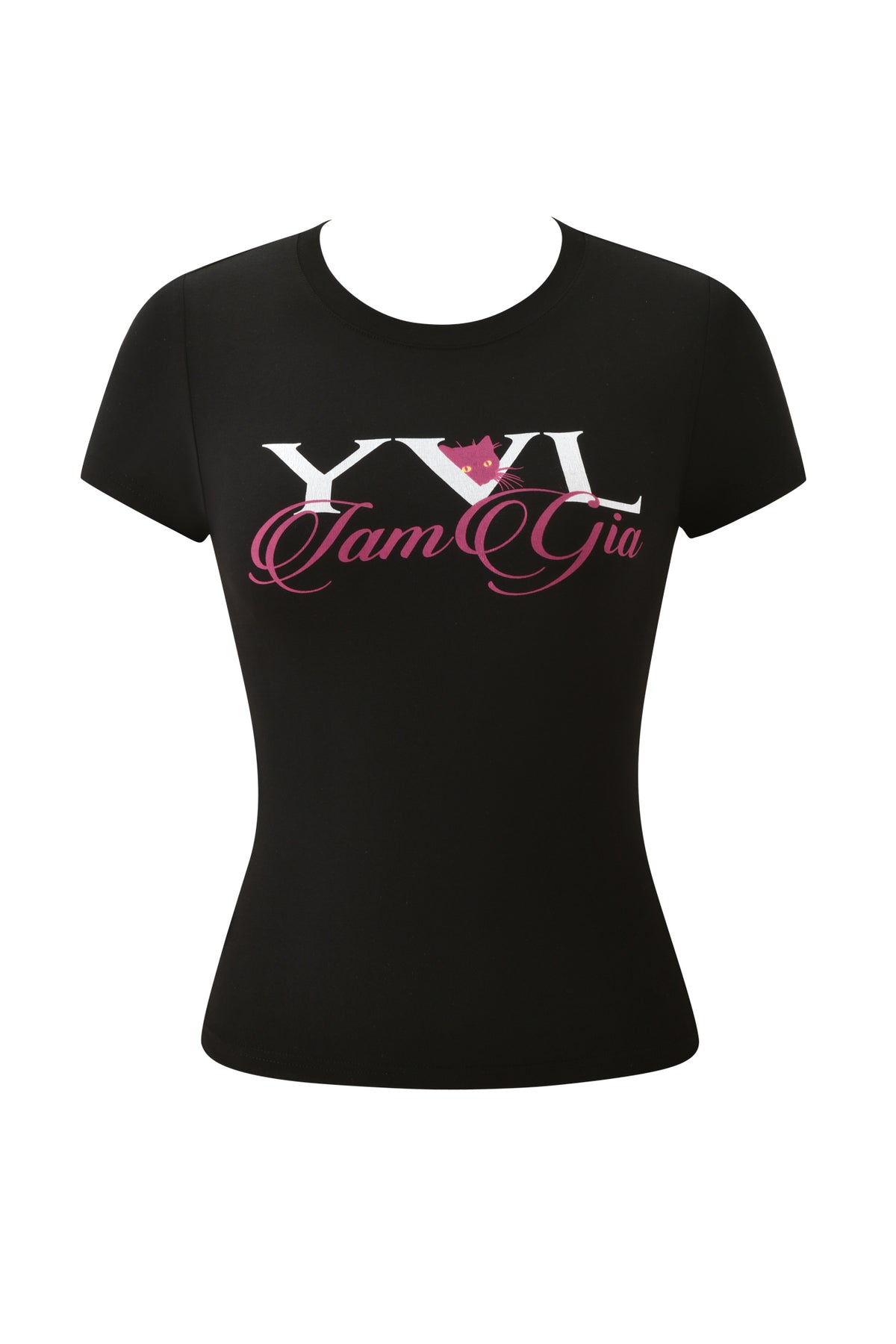 Black YVL T-SHIRT - BLACK CAT short-sleeved crew neck t-shirt featuring the white text “YVL” with a small pink cat face inside the letter “V”, layered over the I.AM.GIA pink script text.
