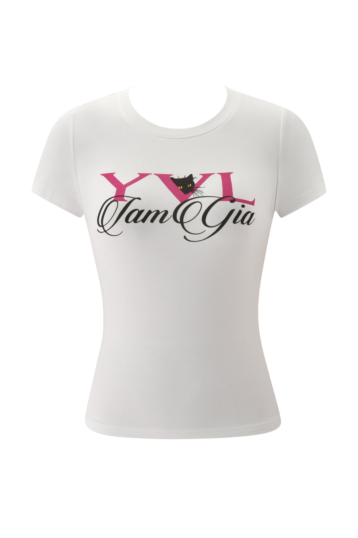 White YVL T-SHIRT - WHITE CAT graphic T-shirt featuring a black cat peering through pink and black text that reads “YVL IamGia.”