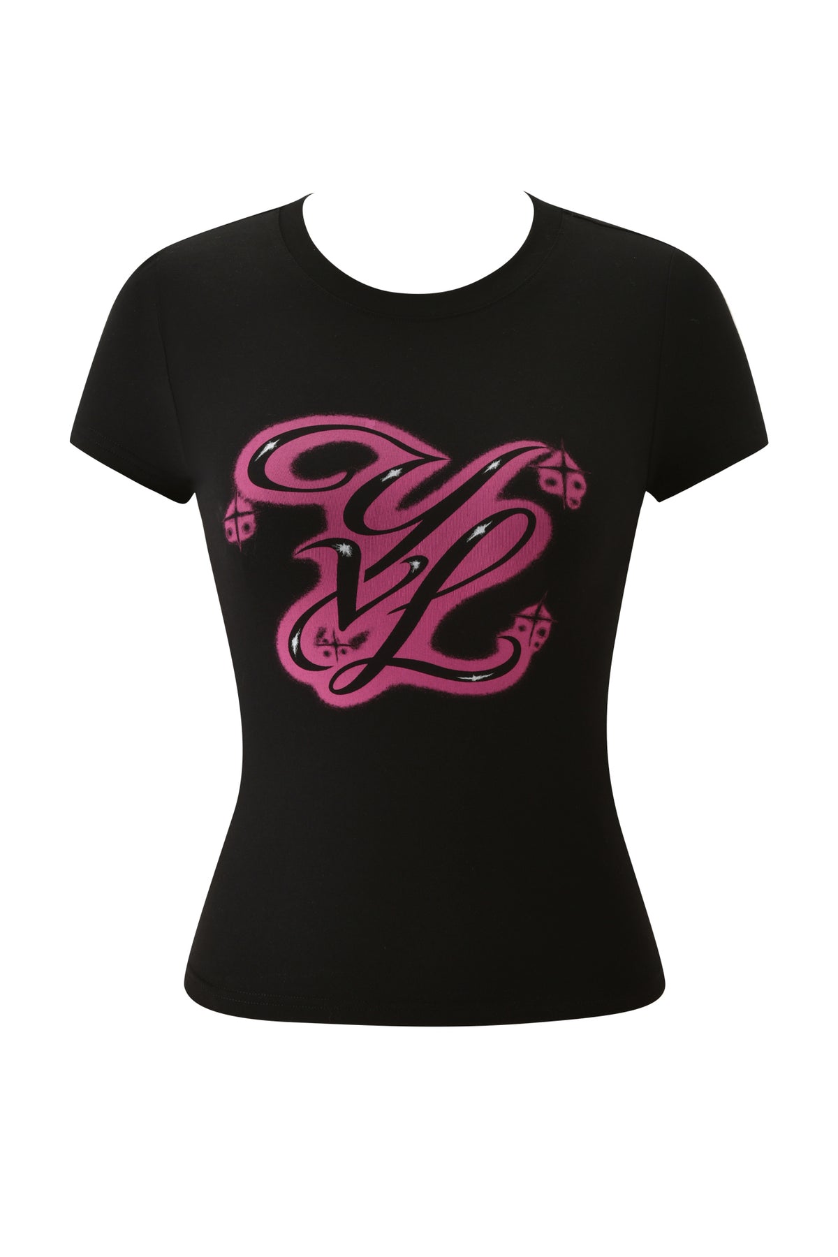 Black YVL T-SHIRT - BLACK MONOGRAM from I.AM.GIA, featuring a short-sleeve crewneck design with a stylized pink and black graffiti-style monogram on the chest.