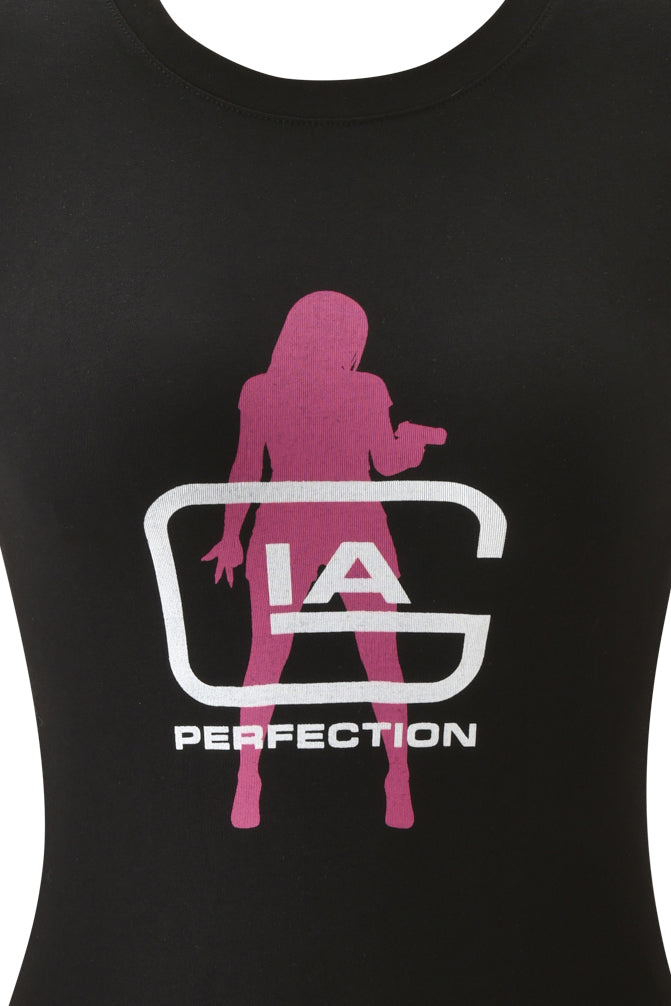 Black YVL T-SHIRT - BLACK GIA featuring a pink silhouette of a person in front of a large white letter “G” and the text “IA” and “PERFECTION.”