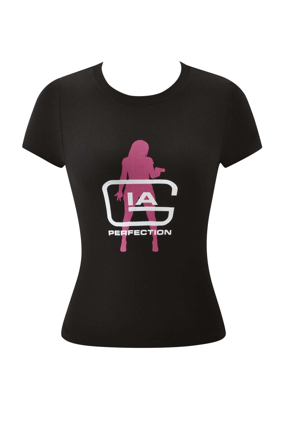Black short-sleeved I.AM.GIA YVL T-SHIRT - BLACK GIA crew neck t-shirt featuring a pink silhouette of a person and white text that reads “IA PERFECTION” inside a white graphic frame.
