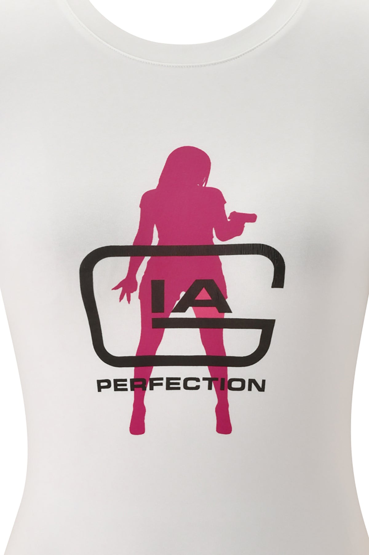 White YVL T-SHIRT - WHITE GIA featuring a pink silhouette of a woman holding a small object, overlaid with a black design containing the letters “IA” and the word “PERFECTION” below.