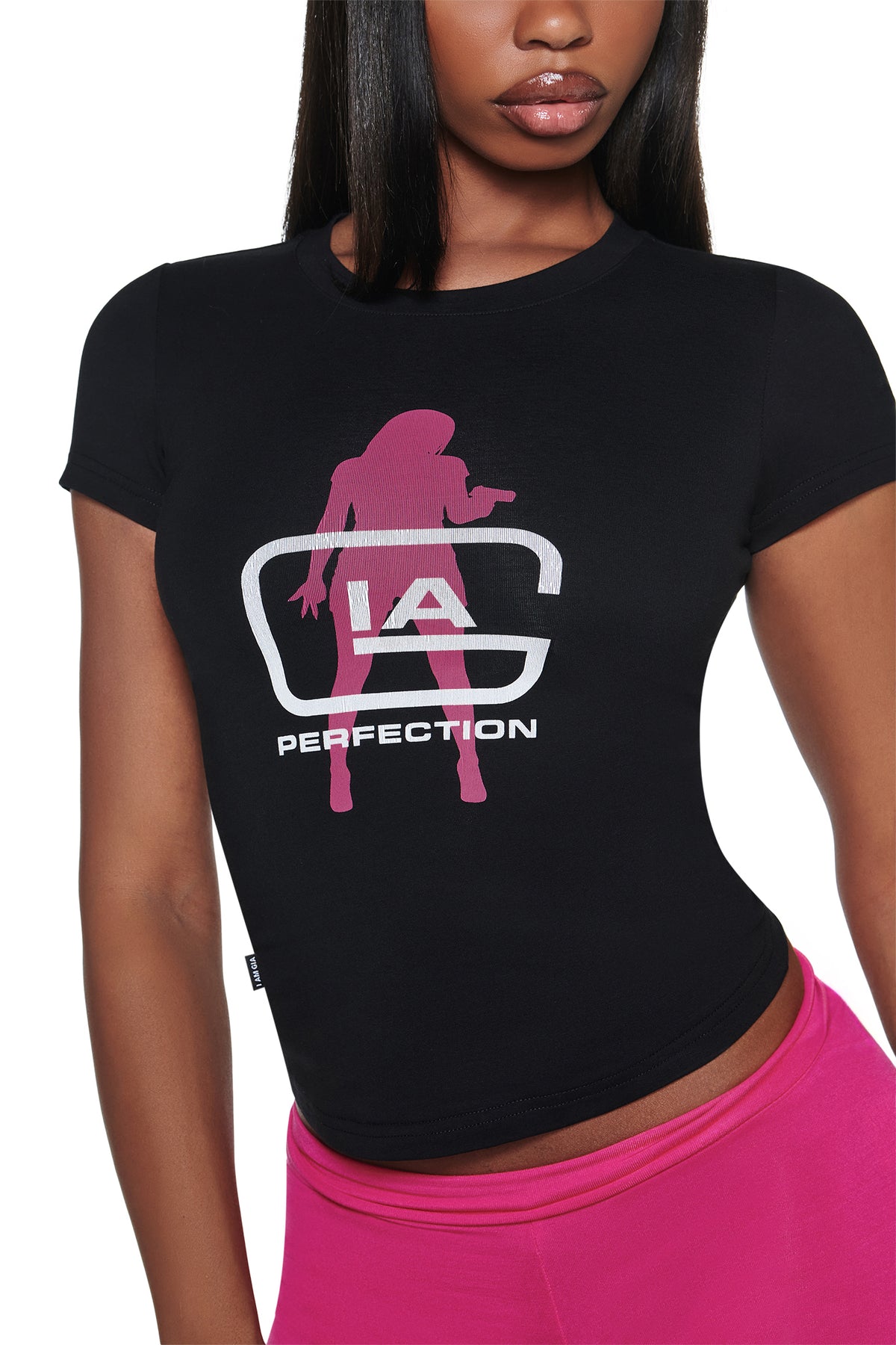 Black YVL T-SHIRT - BLACK GIA short-sleeved crew neck t-shirt featuring a graphic of a woman in silhouette, the letters “IA,” and the word “PERFECTION.”