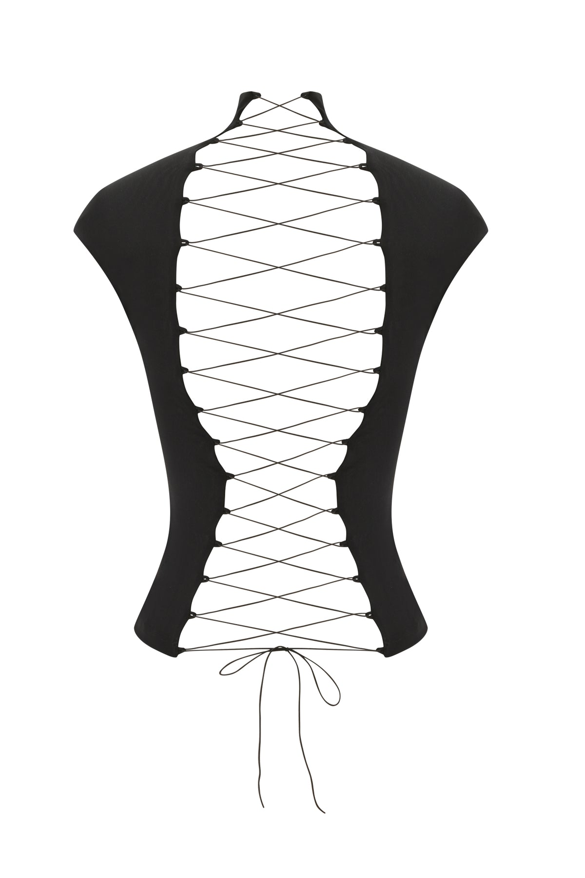 Black ZOYA TOP - BLACK cap-sleeve top with a lace-up back and a back panel tied in a bow at the base.