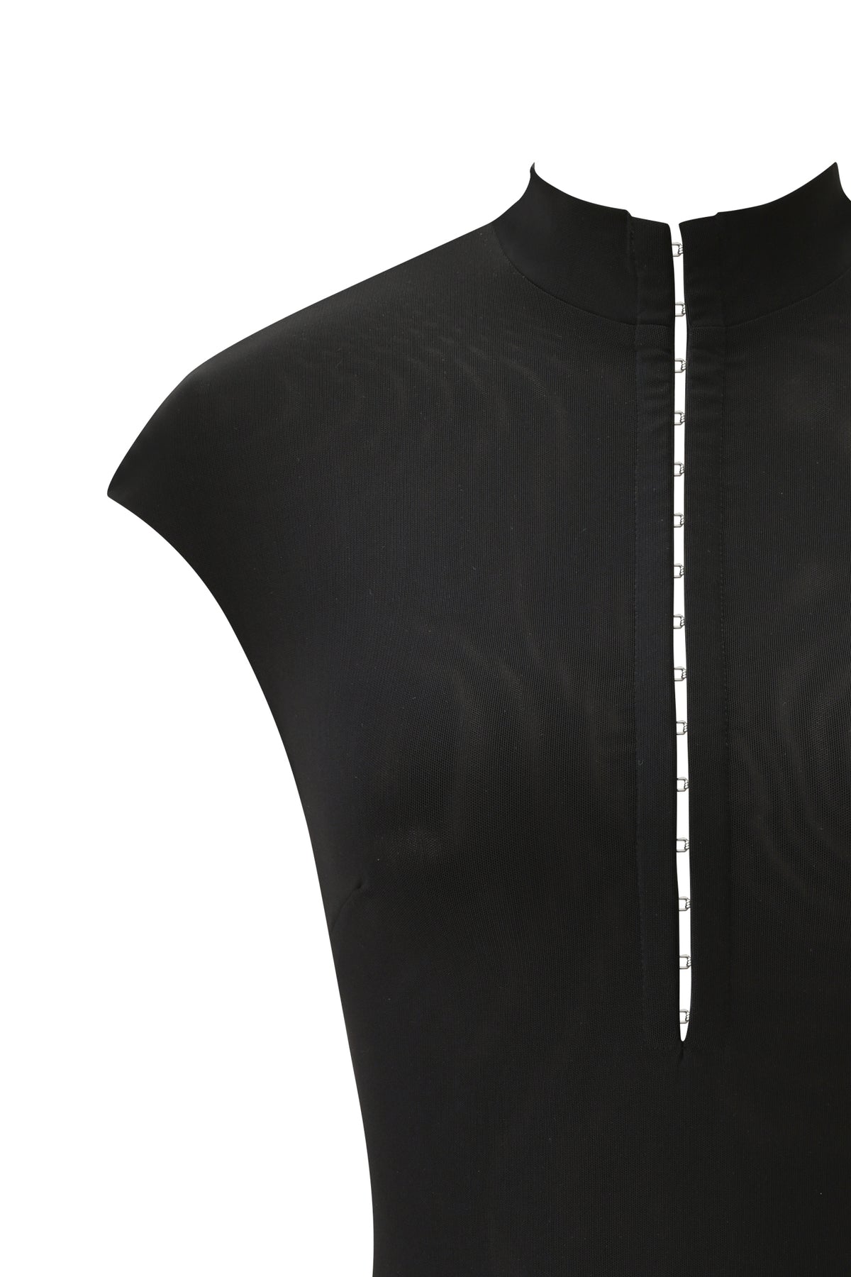 I.AM.GIA ZOYA TOP - BLACK, a high-neck bodycon keyhole top featuring a center front closure with silver hook-and-eye fastenings.