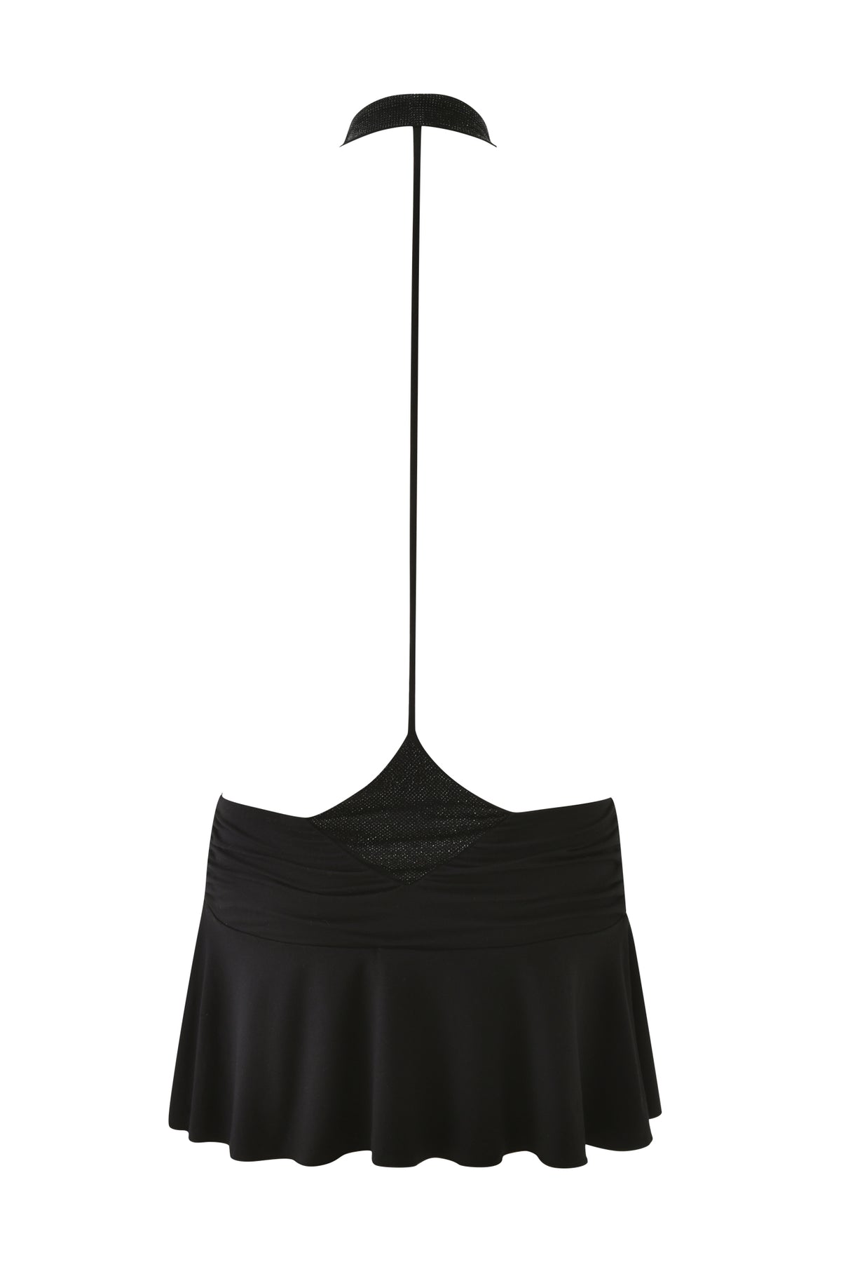 AMARYS MINI DRESS - BLACK, a draped mini dress featuring a thin halter neck strap and a low-cut back.