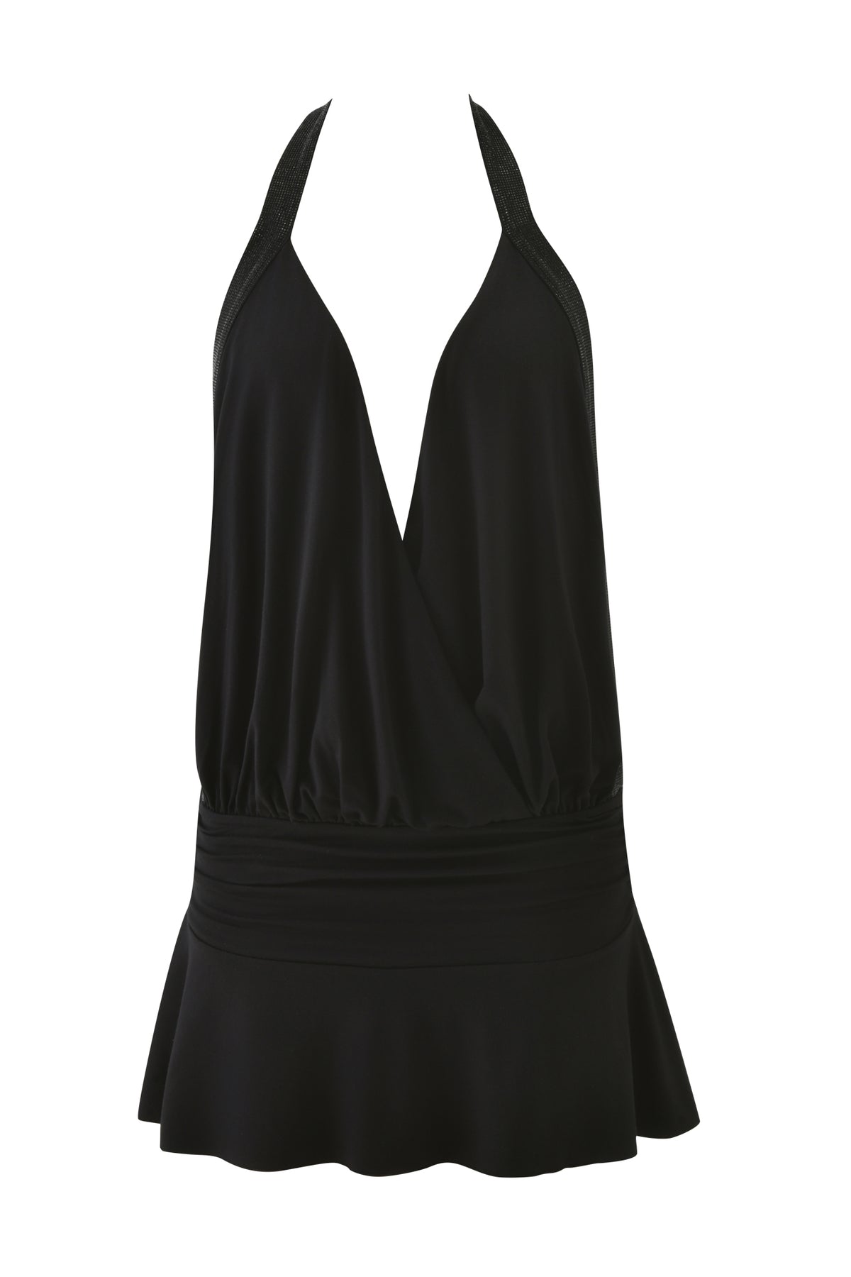 AMARYS MINI DRESS - BLACK, a draped mini dress featuring a deep V-neck, halter straps, and a drop-waist skirt.