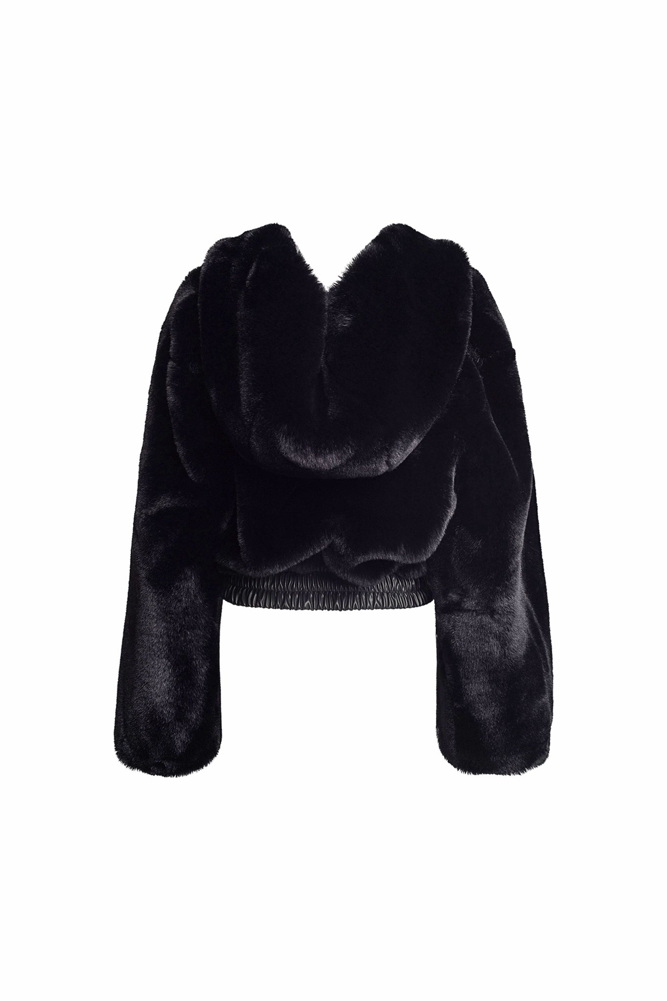 The 717 Jacket from I.AM.GIA showcases a black faux fur design with a cropped length, long sleeves, and an open front. The plush material gives it a soft and luxurious appearance, contributing to its stylish and elegant look. Featuring a slightly puffy silhouette, this piece adds volume to the overall design.