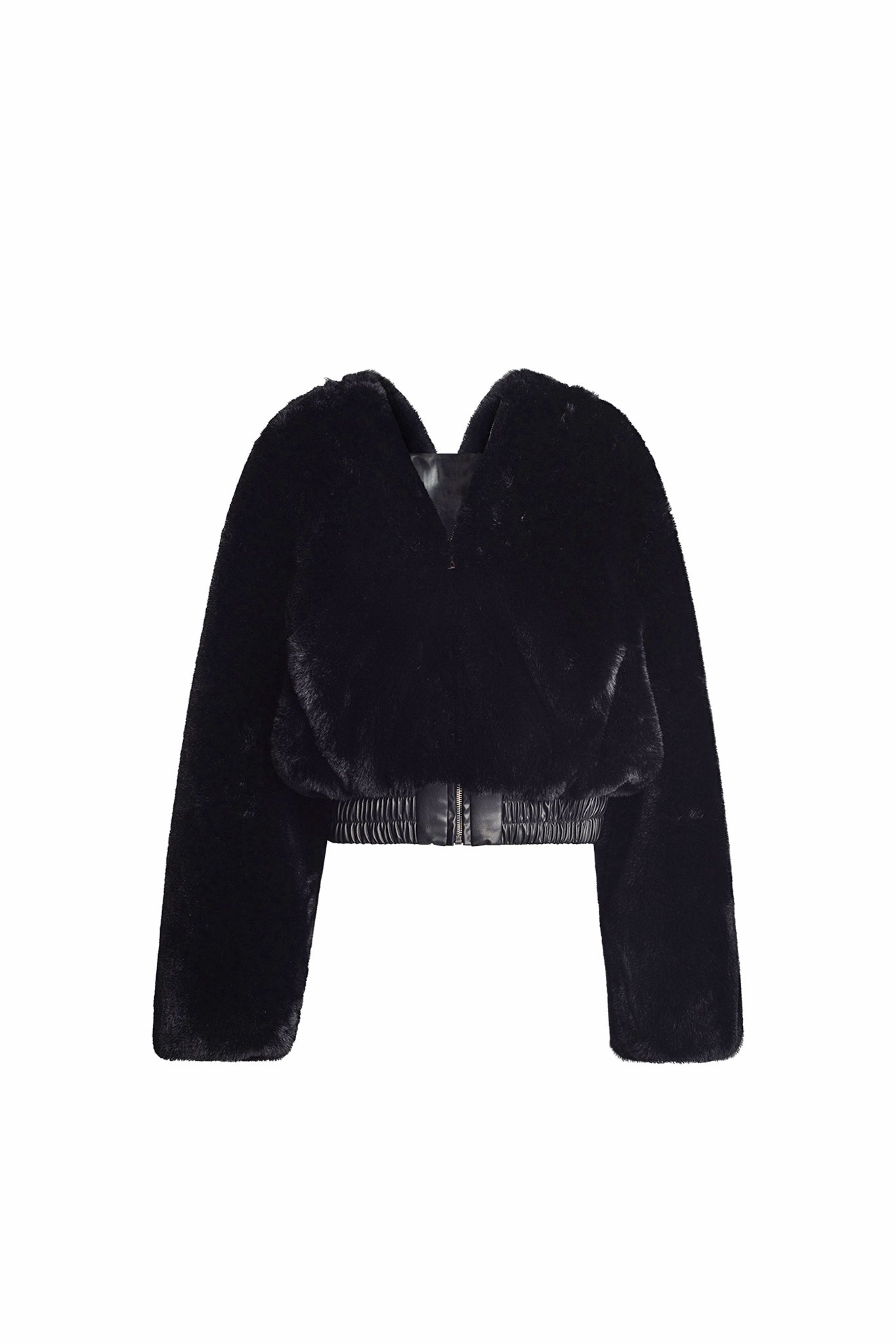 The 717 JACKET - BLACK by I.AM.GIA is a cropped faux fur jacket featuring long sleeves, an elasticized waistband, a plush and soft texture, and a V-neck design.