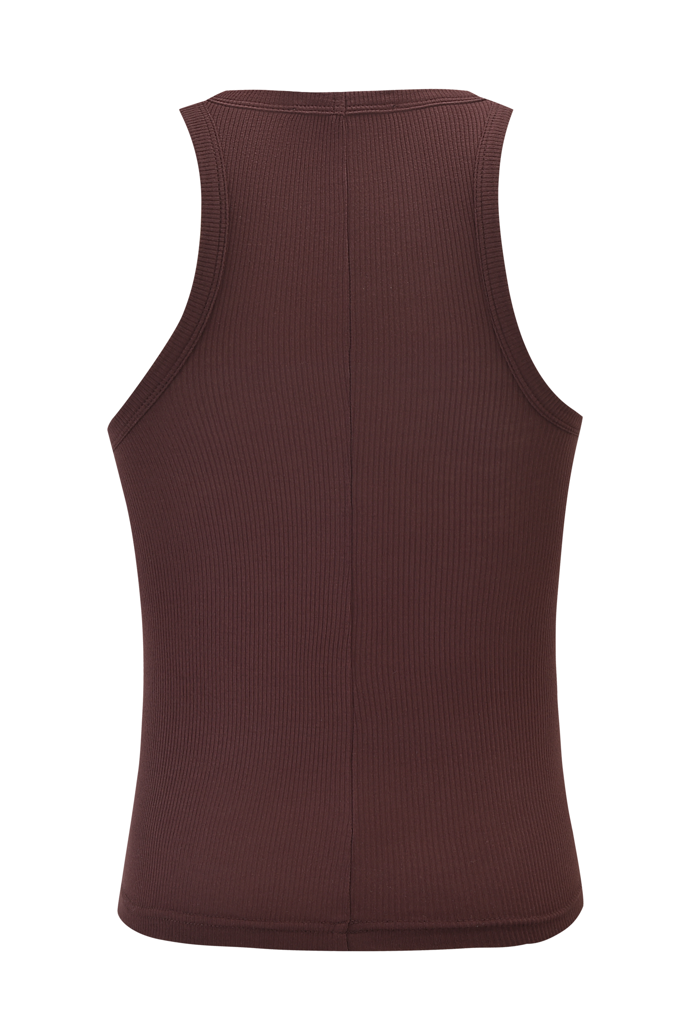 The PENELOPE TANK by I.AM.GIA is a sleeveless, ribbed brown racer tank shown from the back, featuring a straight central seam running vertically down the middle.