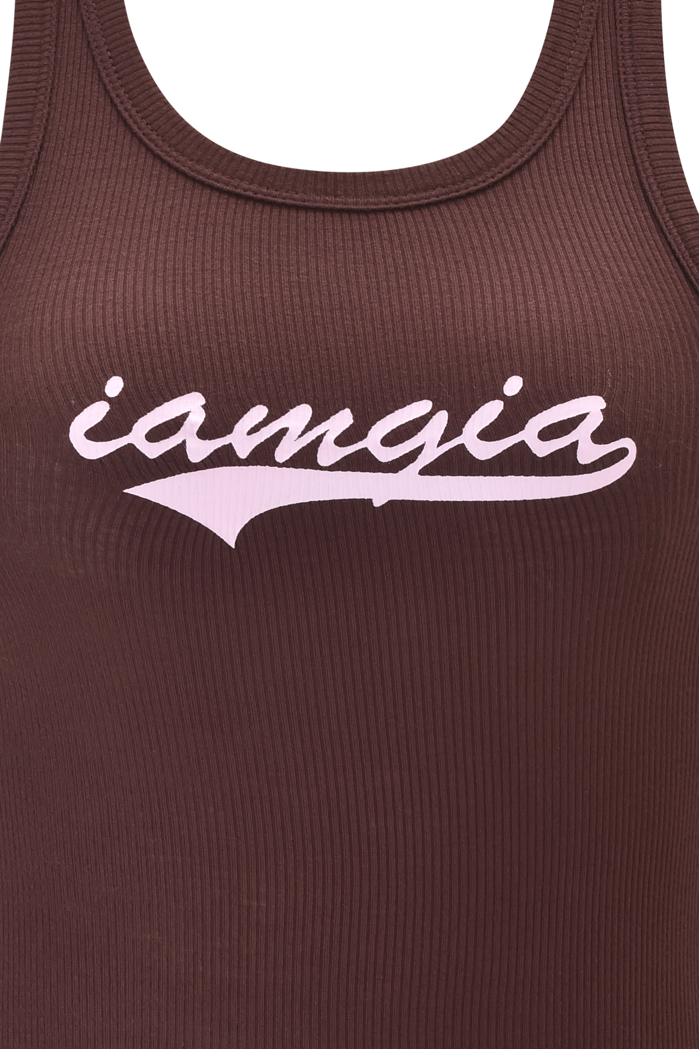 A close-up of the PENELOPE TANK - BROWN by I.AM.GIA, a ribbed racer tank style with the "GIA" logo in light pink cursive printed across the chest.