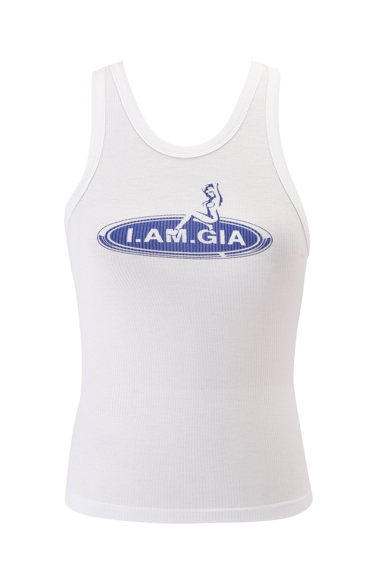 The PENELOPE TANK - GIA GIRL by I.AM.GIA features classic white ribbed fabric with a blue oval logo that includes "I.AM.GIA" and a small silhouette of a person.