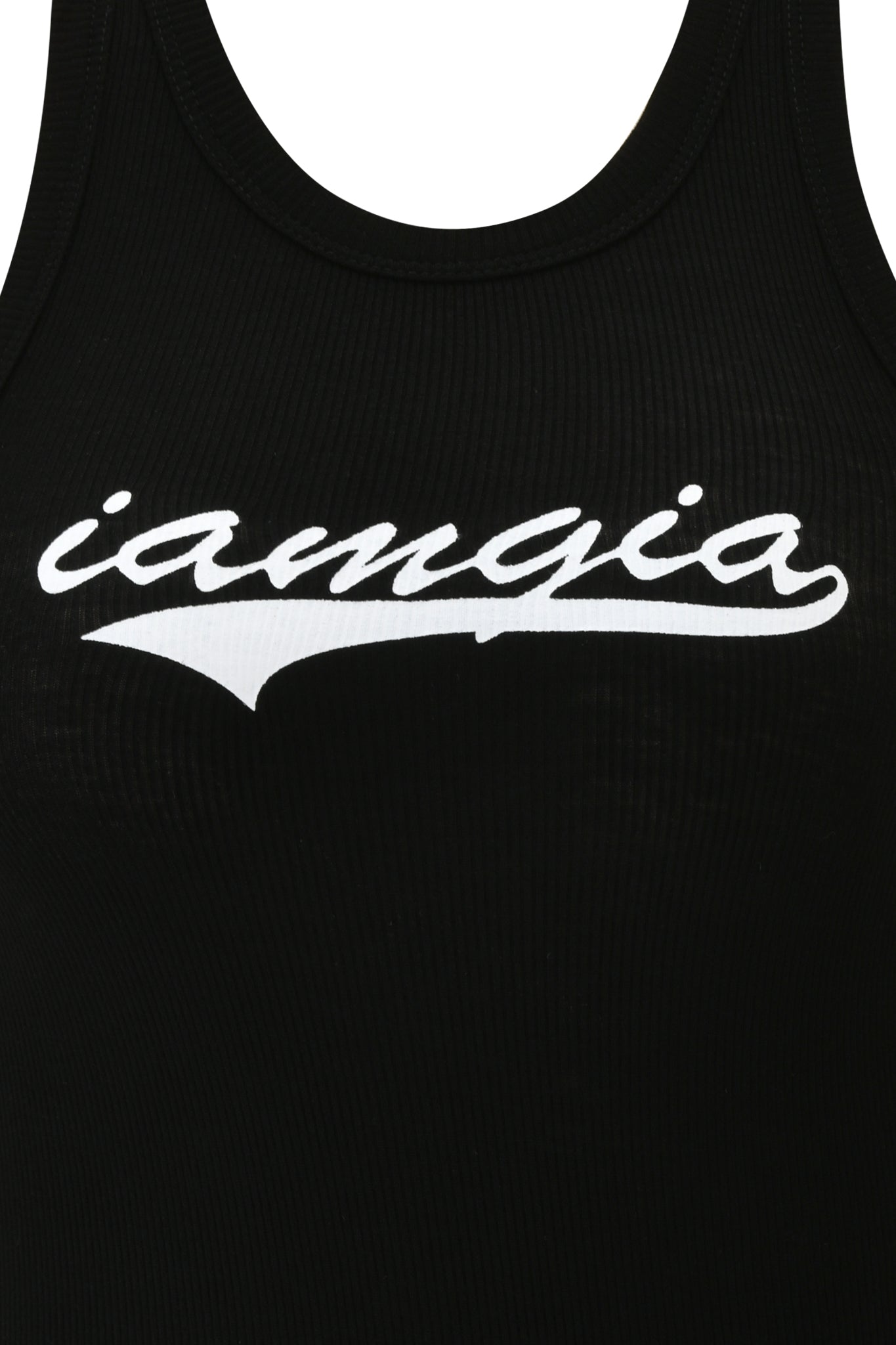 Close-up of the I.AM.GIA PENELOPE TANK - GIA LOGO, a black ribbed racer tank top with “iamgia” in white cursive across the chest.