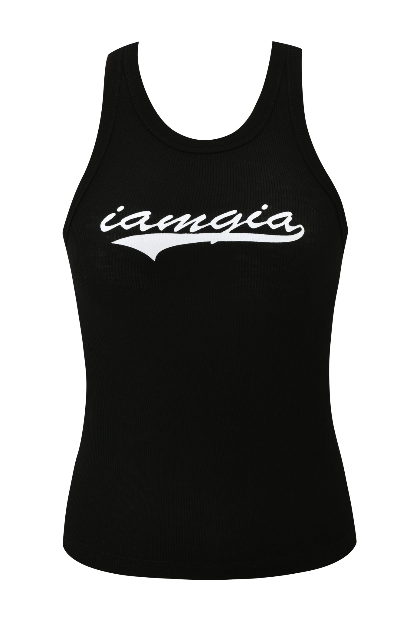The I.AM.GIA PENELOPE TANK - GIA LOGO is a fitted black ribbed racer tank with a scoop neckline and “I.AM.GIA” in white cursive across the chest, adding a sleek, bold touch to any outfit.
