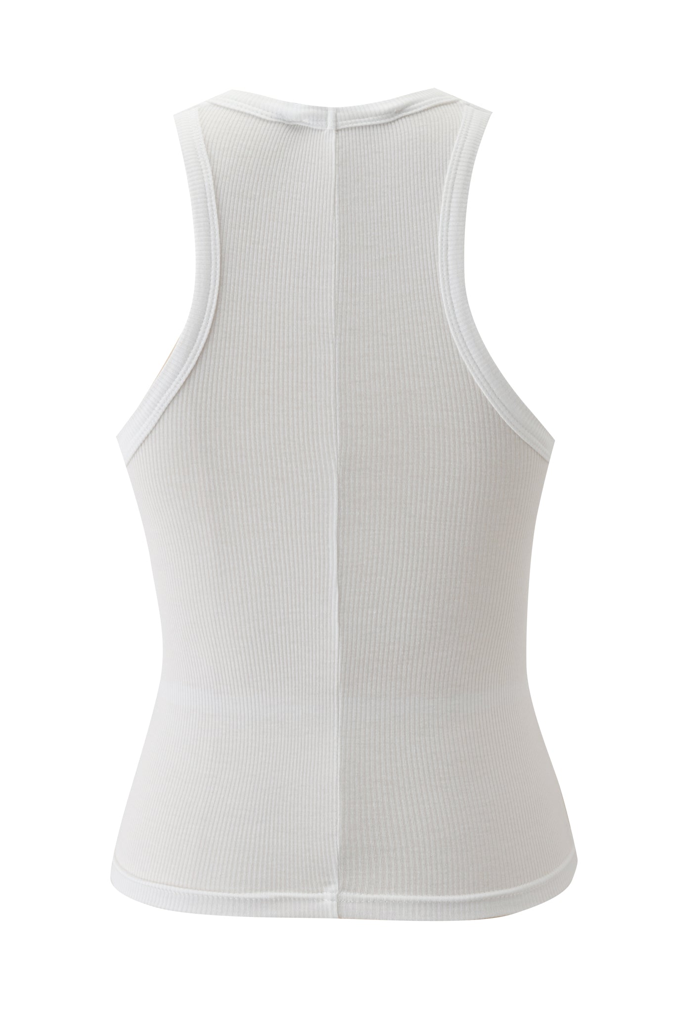 The I.AM.GIA PENELOPE TANK - GIRL NEXT DOOR is shown from the back, featuring a ribbed texture, racerback design, and a visible vertical seam down the center.