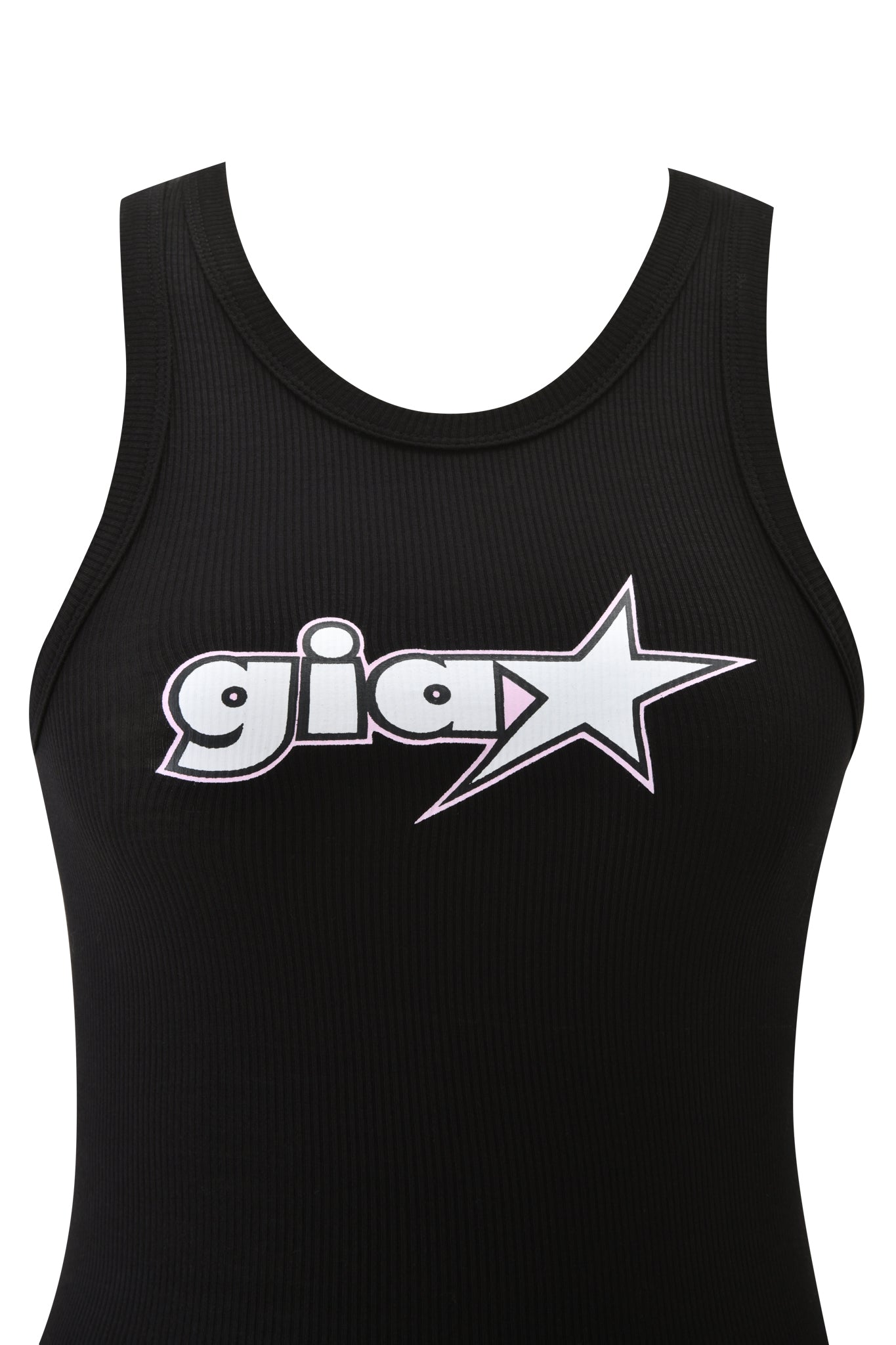 The I.AM.GIA PENELOPE TANK - G STAR is a black ribbed racer tank with a high neckline, "gia" in bold white lowercase letters and a large white outlined star across the chest.