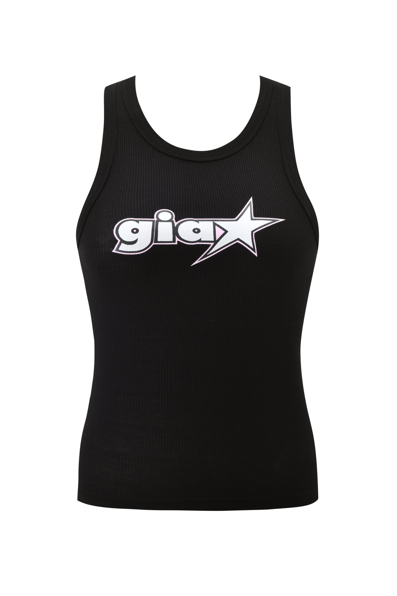 The I.AM.GIA PENELOPE TANK - G STAR is a black ribbed racer tank featuring a bold "gia" print and a large white star graphic across the chest.