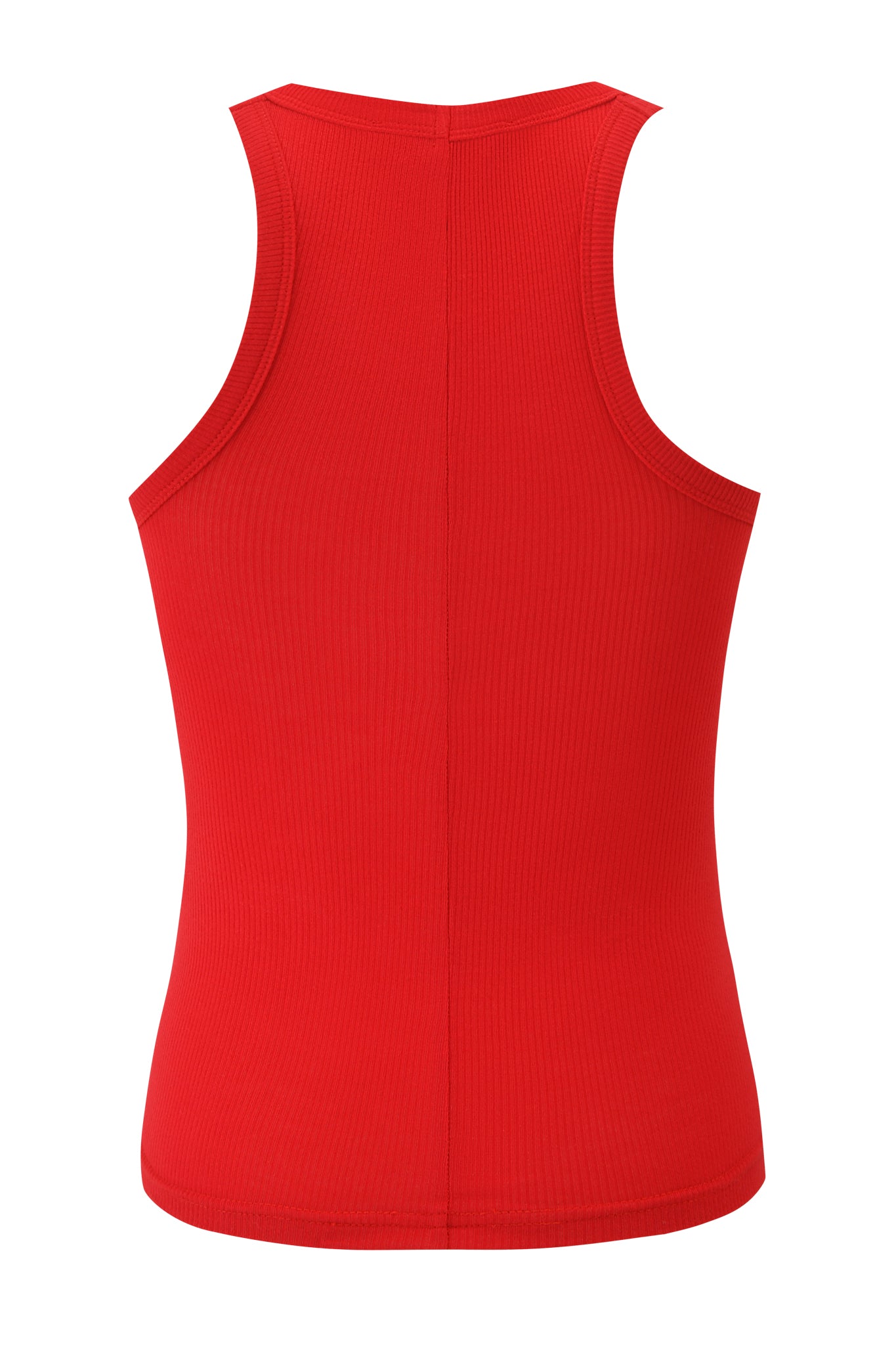 The I.AM.GIA PENELOPE TANK - RED GIA LOGO is a sleeveless, ribbed racerback top in bold red, shown from the back on a white background. Its fitted silhouette adds an edgy touch to your look.