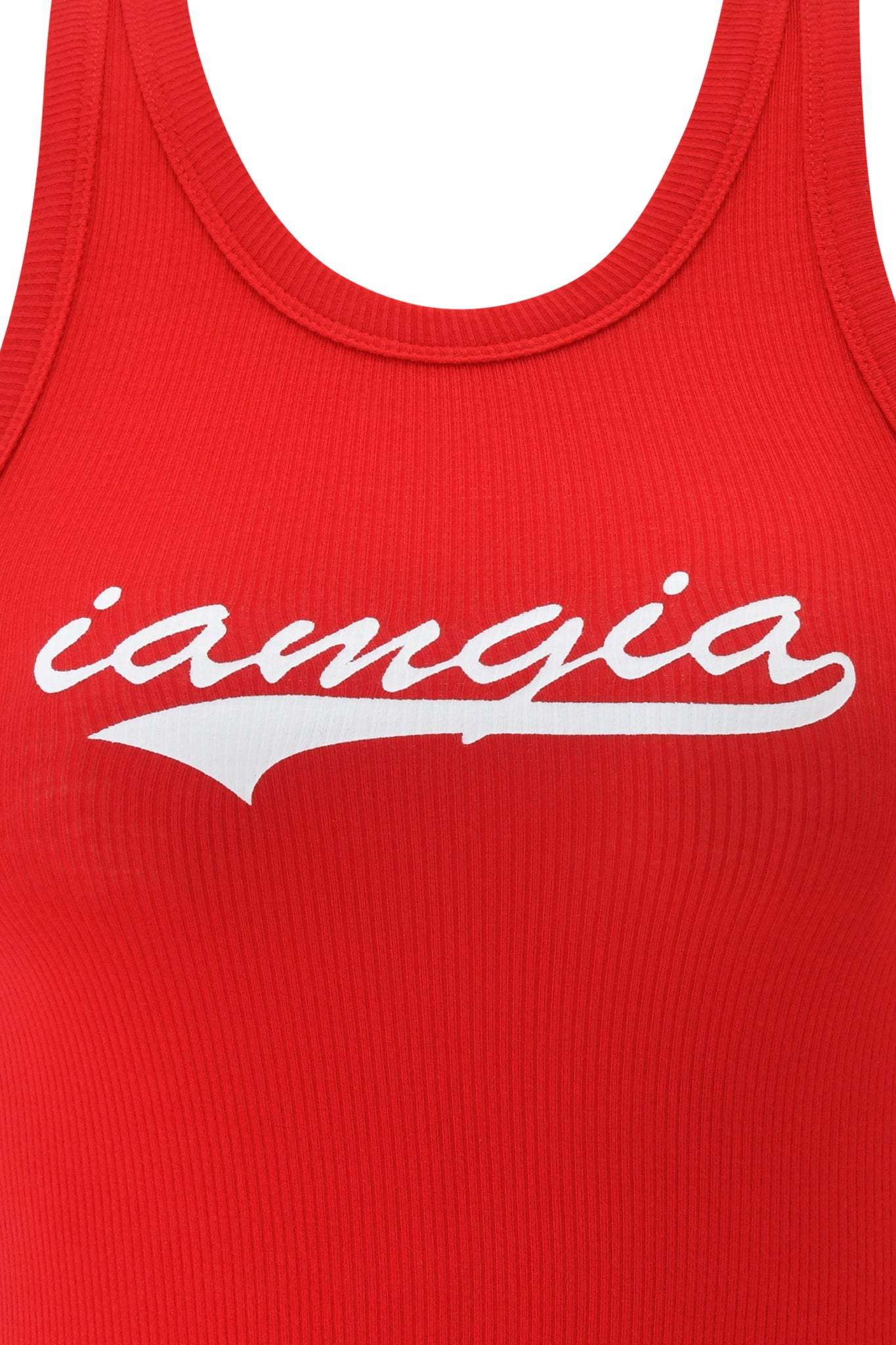A close-up of the I.AM.GIA PENELOPE TANK - RED GIA LOGO, featuring ribbed fabric and "iamgia" in white cursive across the chest.