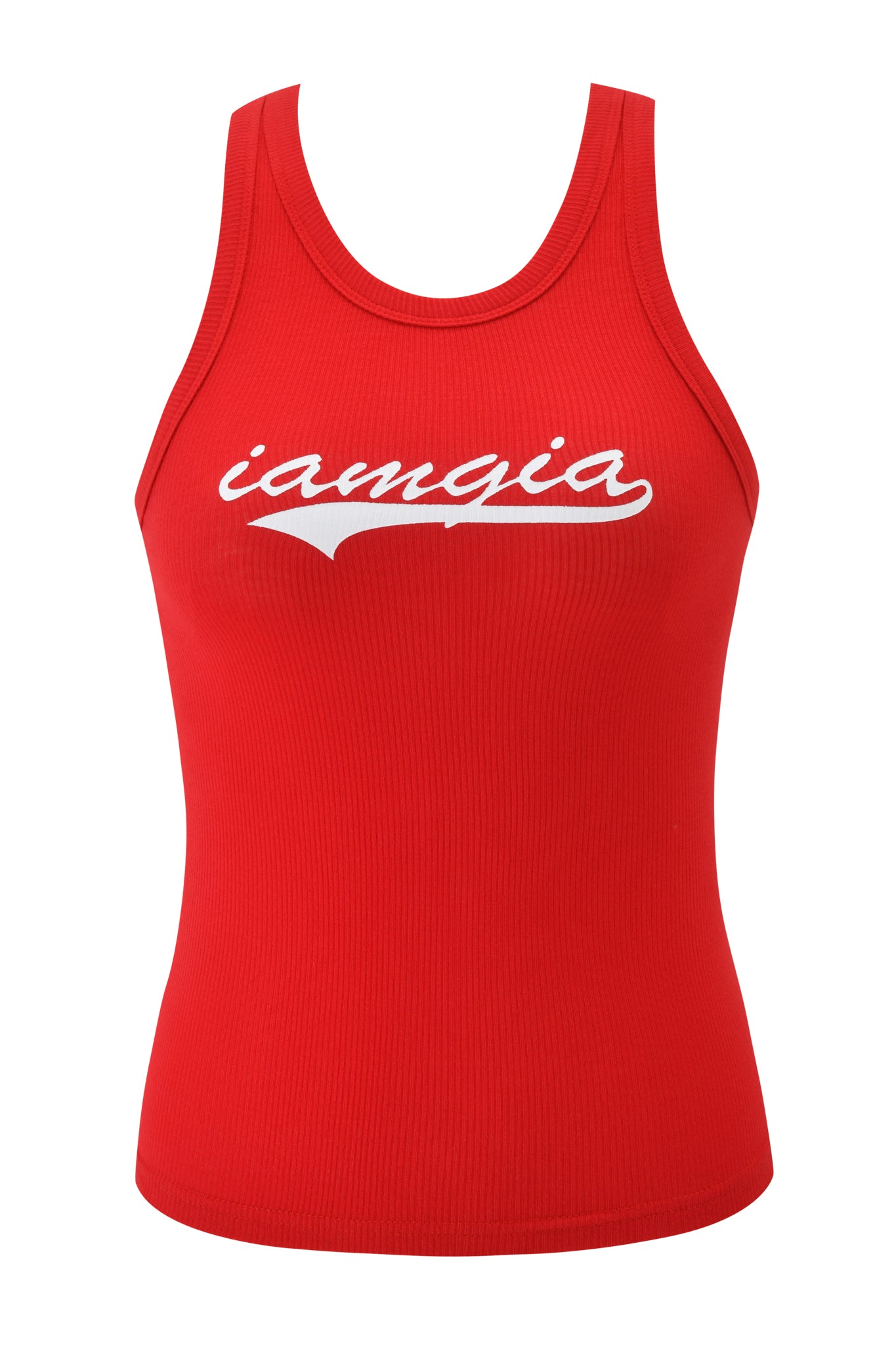The PENELOPE TANK - RED GIA LOGO by I.AM.GIA is a sleeveless, ribbed red racer tank with a round neckline and white "I.AM.GIA" script across the chest, inspired by the original Penelope tank.
