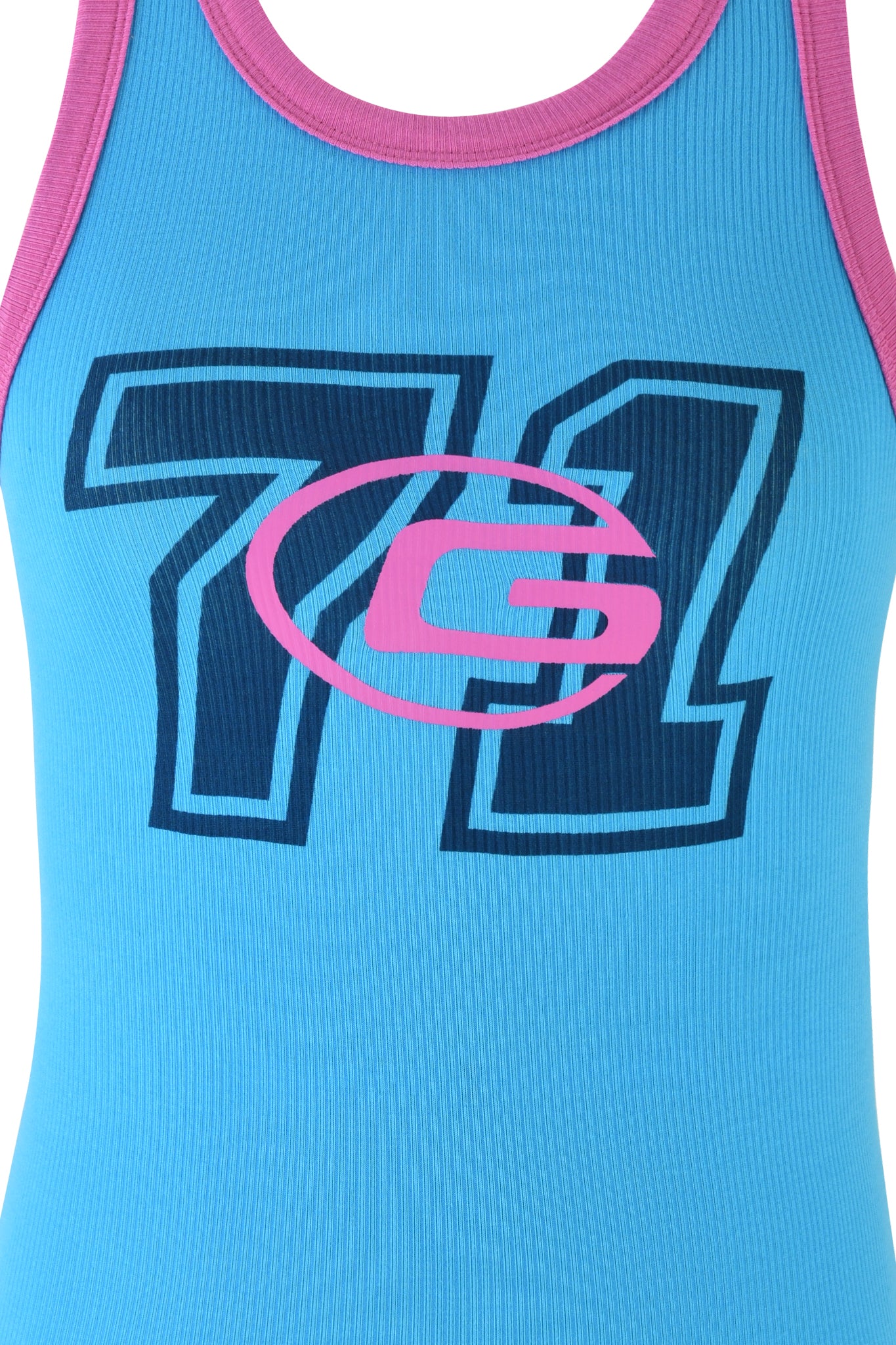 The PENELOPE TANK - BLUE : SKY BLUE by I.AM.GIA is a stylish blue sleeveless top designed in a racer tank style. It features pink trim with a dark blue number 71 and a distinctive pink stylized letter "G" on the front, all made from soft ribbed material for exceptional comfort and fashion.