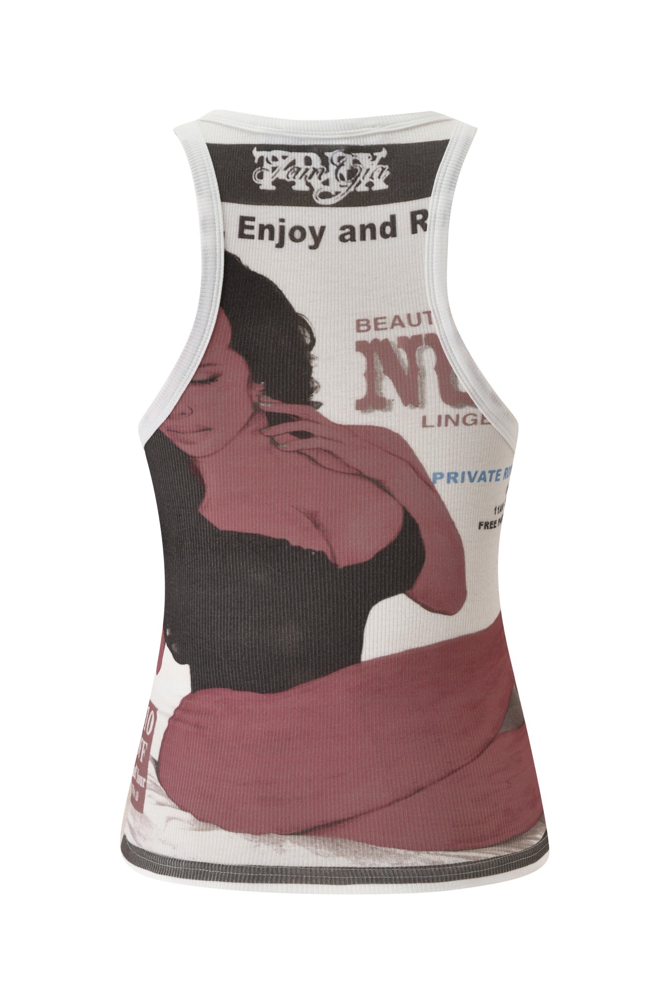 Introducing the T-REX PENELOPE TANK - WHITE from I.AM.GIA: a sleeveless racer tank crafted in rib knit fabrication. This crisp white top features a printed graphic of a woman posing with “Enjoy and Relax” text on the front, while the back displays “Beautiful Night Lingerie” in stylized fonts. White trim accents at the armholes and neckline complete this clean, modern design.