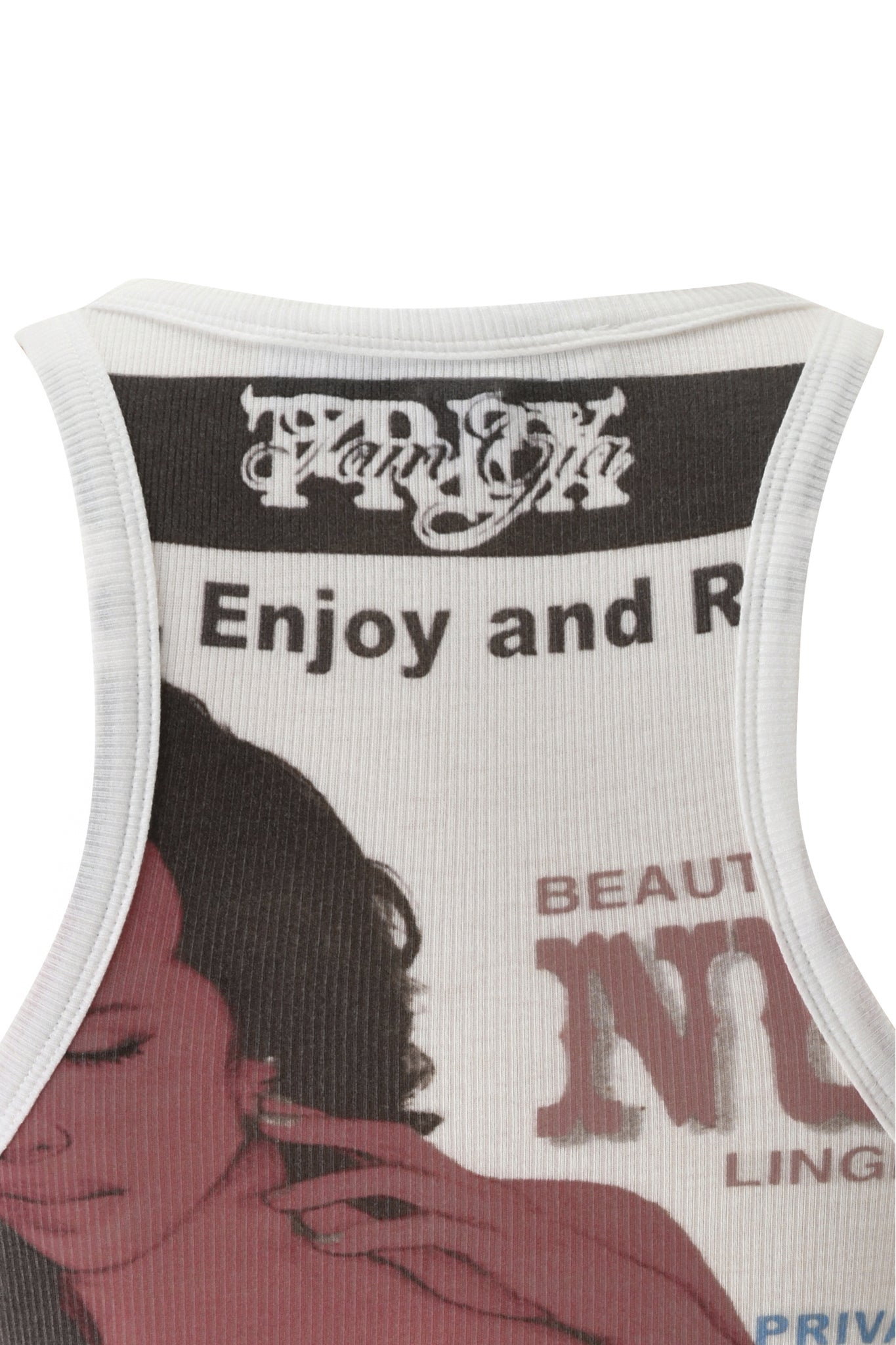 Close-up of the upper back of the T-REX PENELOPE TANK - WHITE by I.AM.GIA, a white rib knit racer tank top featuring black and red printed text and graphics—including partial words, an I.AM.GIA logo, and a woman’s face.