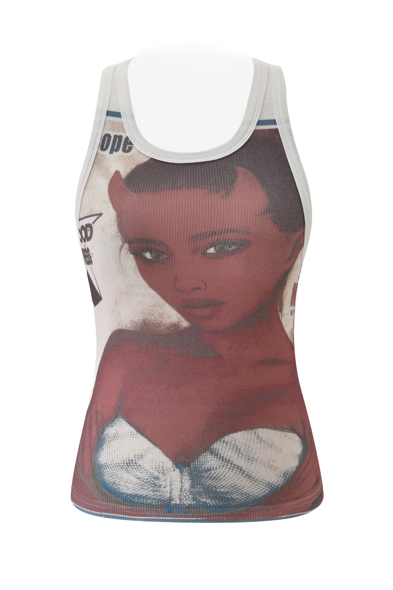 Introducing the T-REX PENELOPE TANK in white by I.AM.GIA—a white racer tank top crafted from comfortable rib knit fabrication, featuring a signature I.AM.GIA print of a woman with red skin, horns, and a white top against a white background.