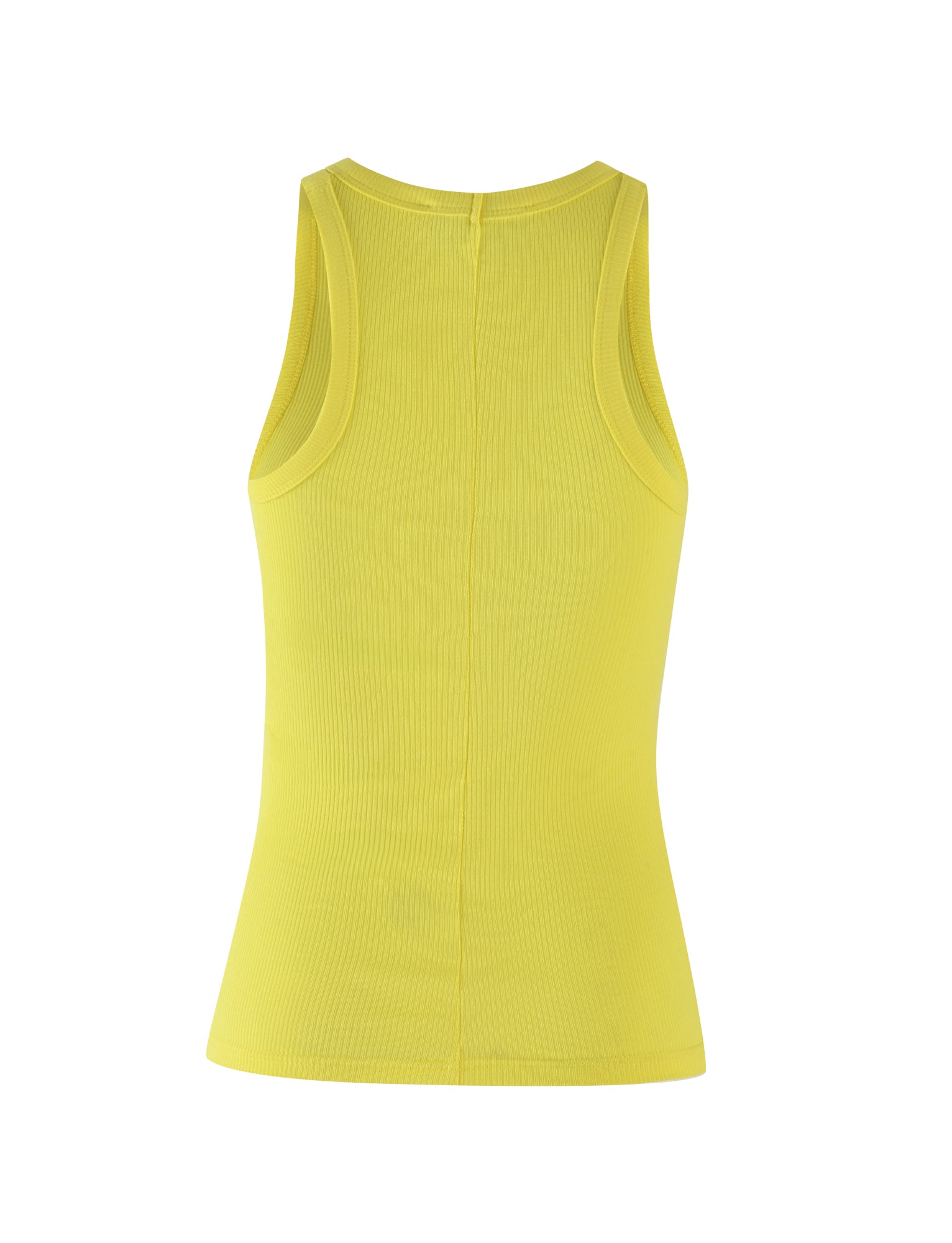 The image showcases the PENELOPE TANK - YELLOW by I.AM.GIA. This sleeveless tank top, crafted with ribbed fabrication, features a high neckline and a fitted design. The picture captures the back view of the garment, emphasizing its simple and sporty style.