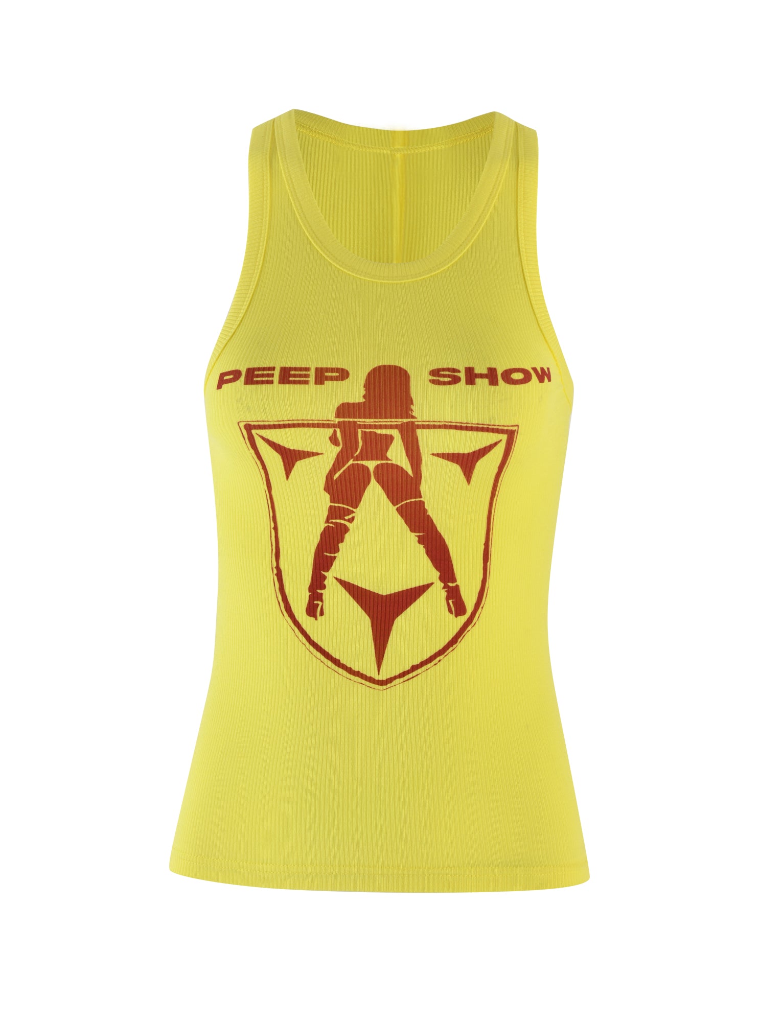 The PENELOPE TANK - YELLOW by I.AM.GIA features custom artwork of a red silhouette of a woman in high heels, topped with the text "PEEP SHOW." The design is enclosed within a red shield-like emblem and is beautifully crafted with ribbed fabrication for added texture.