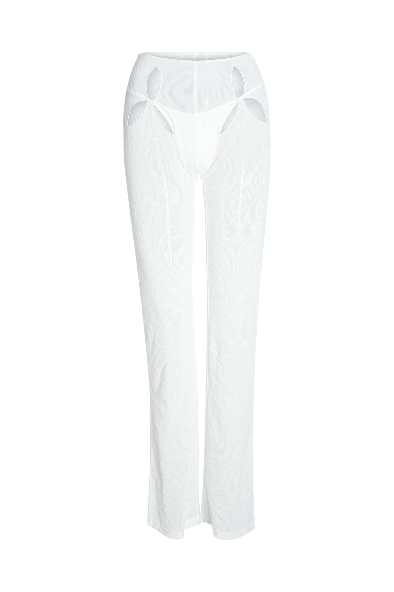The AMINA PANT - WHITE by I.AM.GIA is a pair of mid-high rise pants with a high waist, featuring four small petal-shaped cutouts around the hip area. The fabric has a textured appearance with a subtle burnout velvet print, and the pants boast a straight-leg fit.