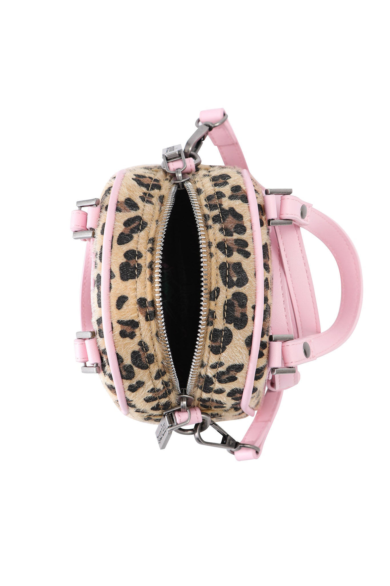 The I.AM.GIA X VON DUTCH MINI BOWLING BAG - LEOPARD features a small round leopard print design with pink leather handles, black interior, and silver hardware—an eye-catching accessory inspired by classic Von Dutch bowling bags.