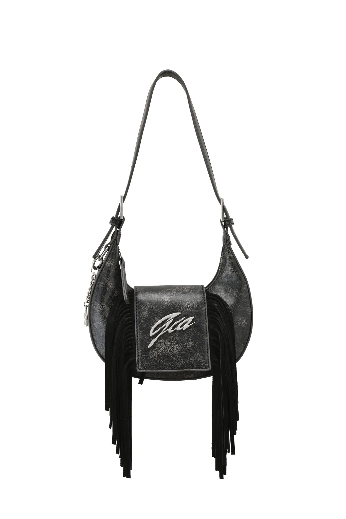 The TIA BAG - BLACK FRINGE by I.AM.GIA is a black faux leather shoulder purse with a flap closure, long fringe, silver "Gia" logo on the front, adjustable strap, and a keychain attached on one side.