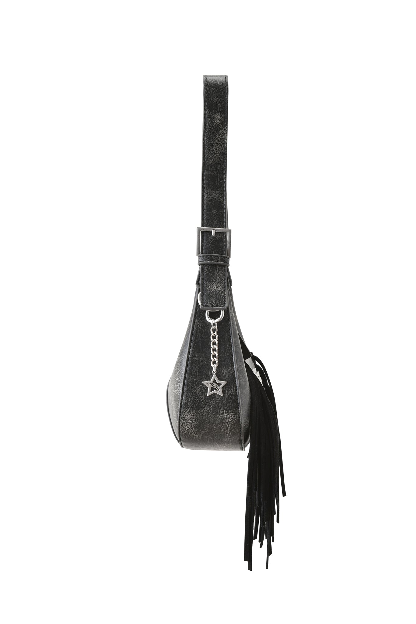 Side view of the I.AM.GIA TIA BAG - BLACK FRINGE, a black faux leather shoulder purse featuring a thick adjustable strap, star-shaped charm, silver chain detail, and black fringe on one side.