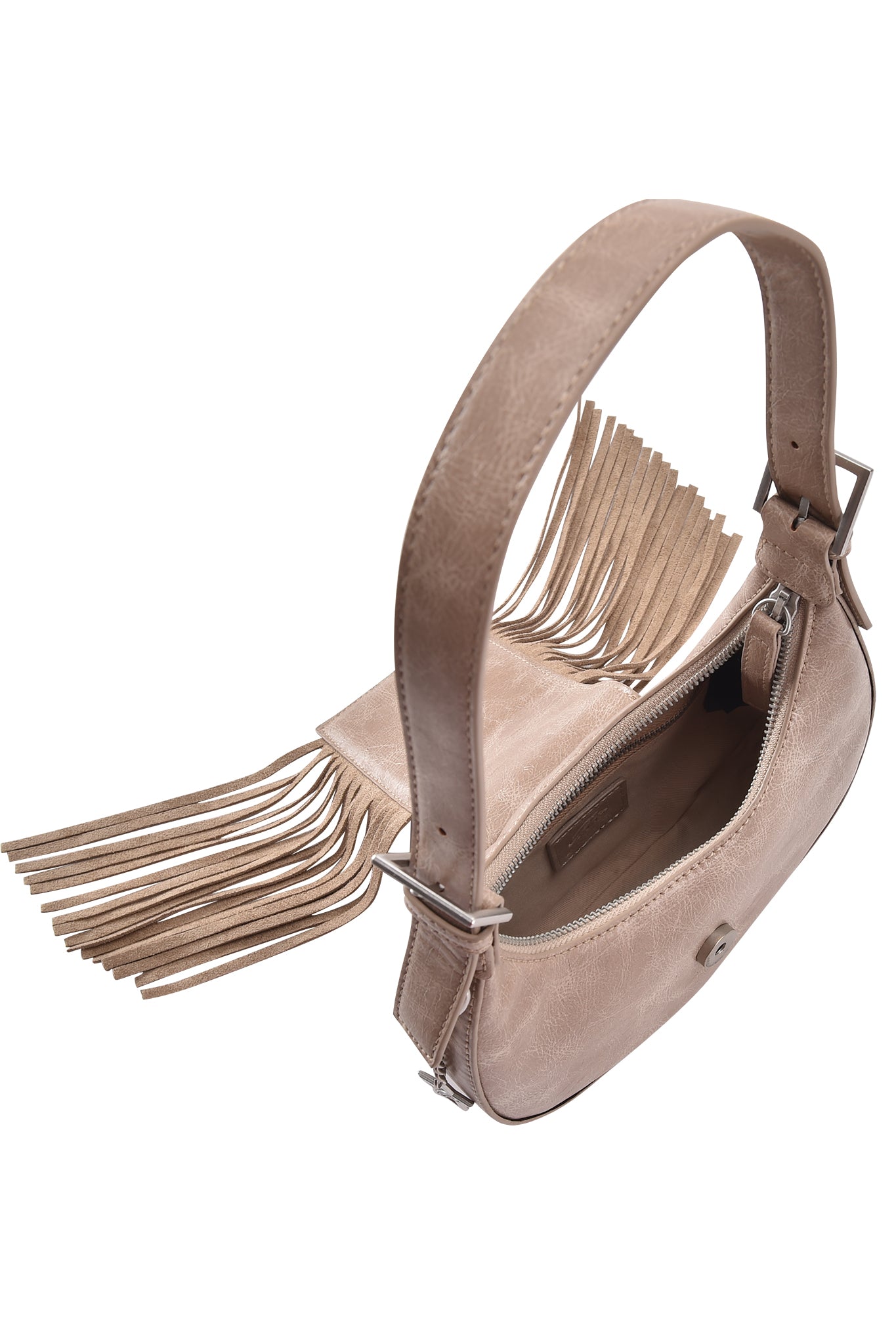 The TIA BAG - TAN FRINGE by I.AM.GIA is a light beige faux leather shoulder purse with a wide strap, flap closure, long fringe detail, and an open design showing its zippered interior compartment.