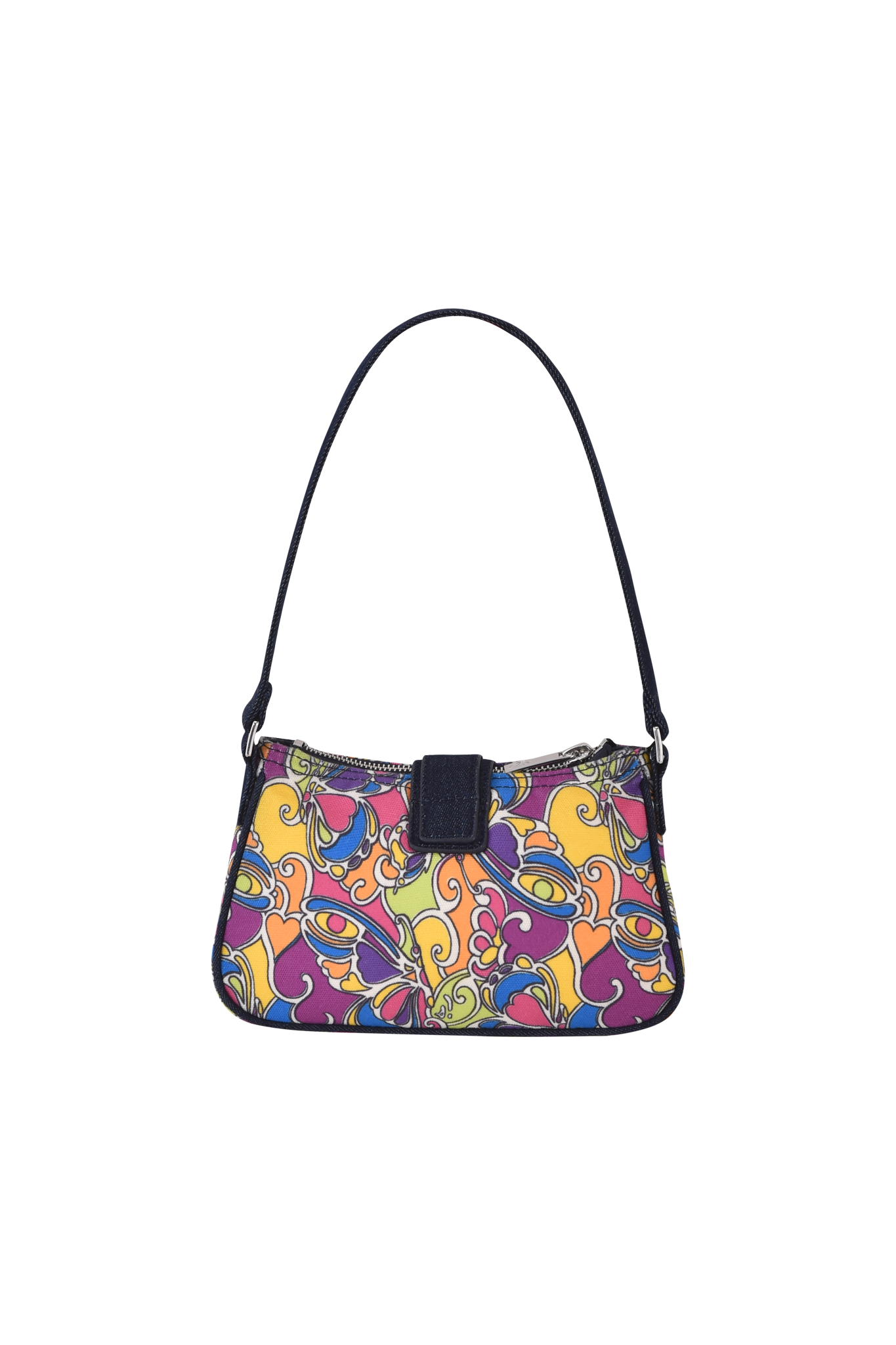 The I.AM.GIA LILLIA BAG - TROPICAL BUTTERFLY BLOOM features a short strap and a vibrant abstract swirl design in yellow, pink, orange, blue, and purple on a digitally distorted striped background.