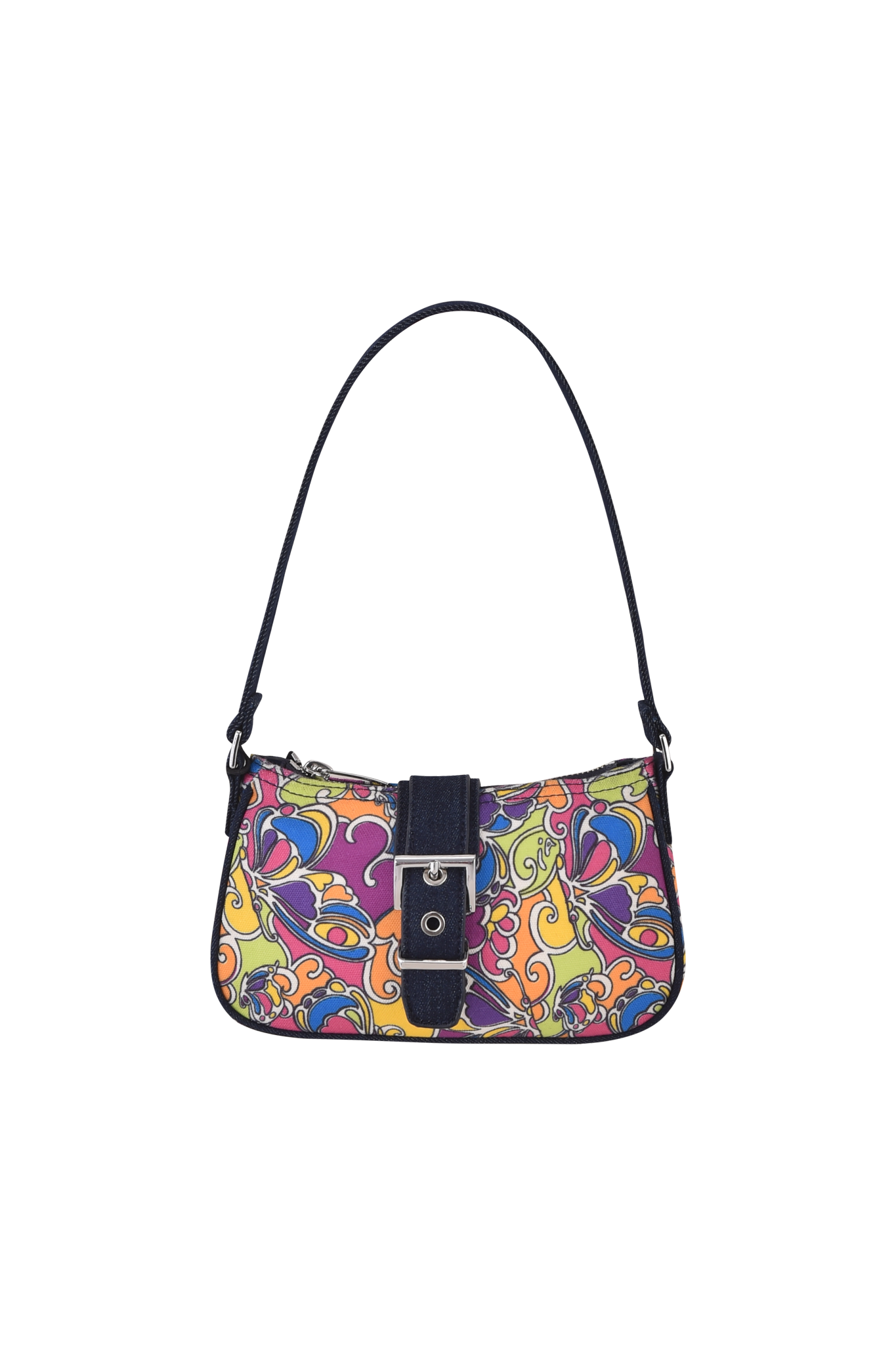 The LILLIA BAG - TROPICAL BUTTERFLY BLOOM by I.AM.GIA is a vibrant handbag with a curved top, short strap, front flap, and buckle clasp. It features a bold butterfly bloom pattern in yellow, pink, purple, and orange.