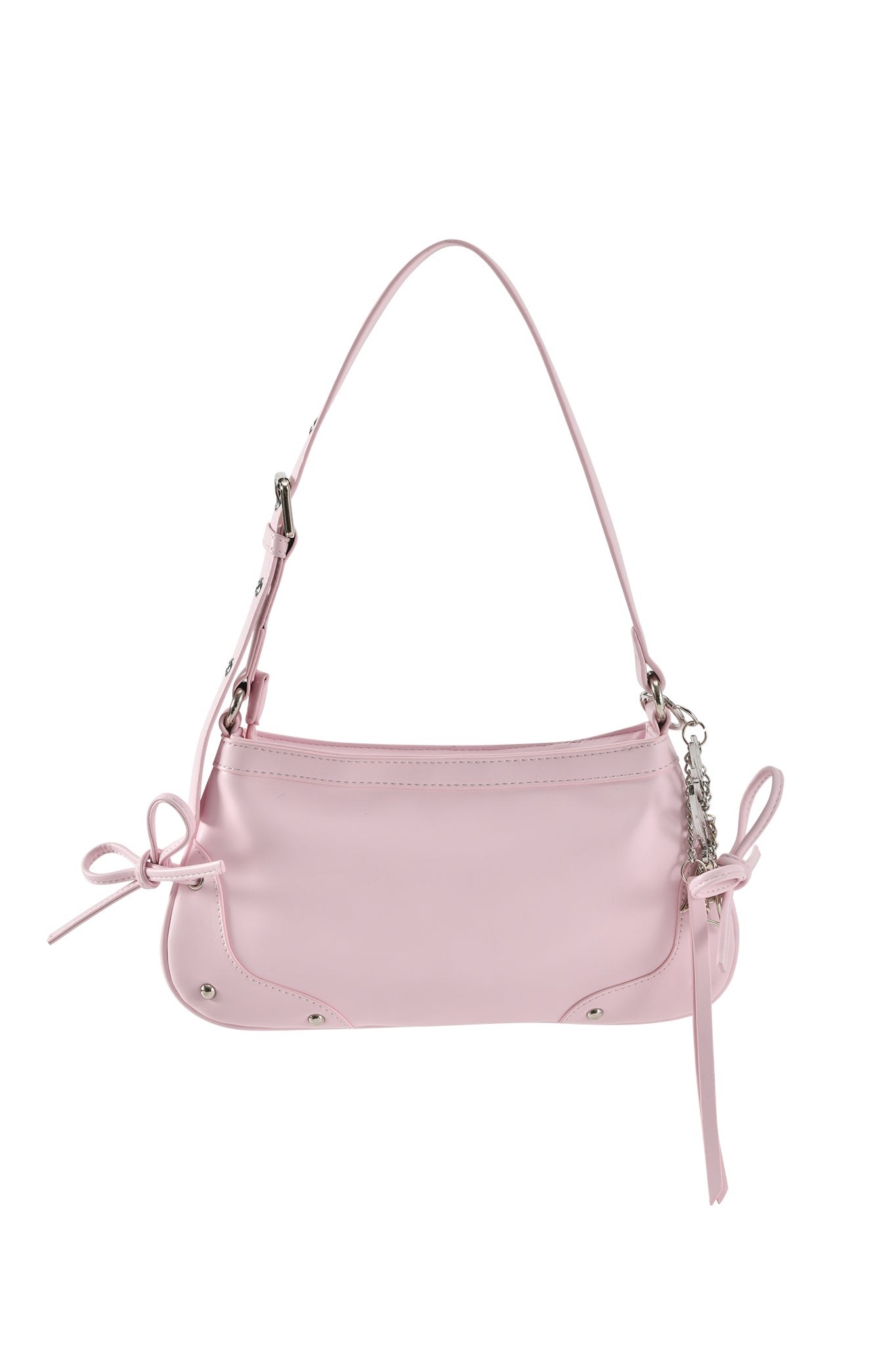 The HAYLEY BAG - BABY PINK by I.AM.GIA is a smooth faux leather shoulder purse with an adjustable strap, decorative side bows, silver-tone hardware, and a minimalist zipper closure.