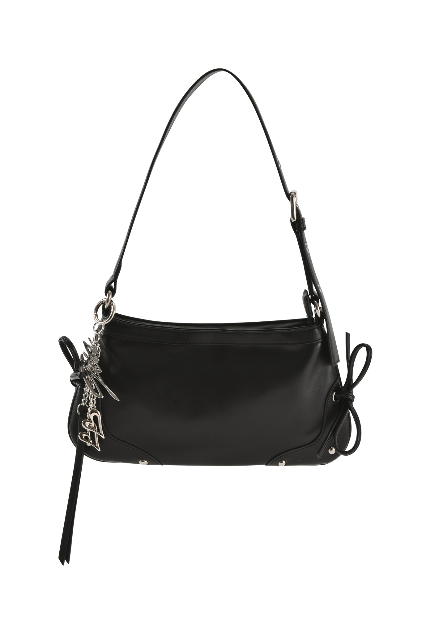 The I.AM.GIA HAYLEY BAG - BLACK is a faux leather shoulder purse with an adjustable strap, silver hardware, side knots, and metallic heart and star charms.