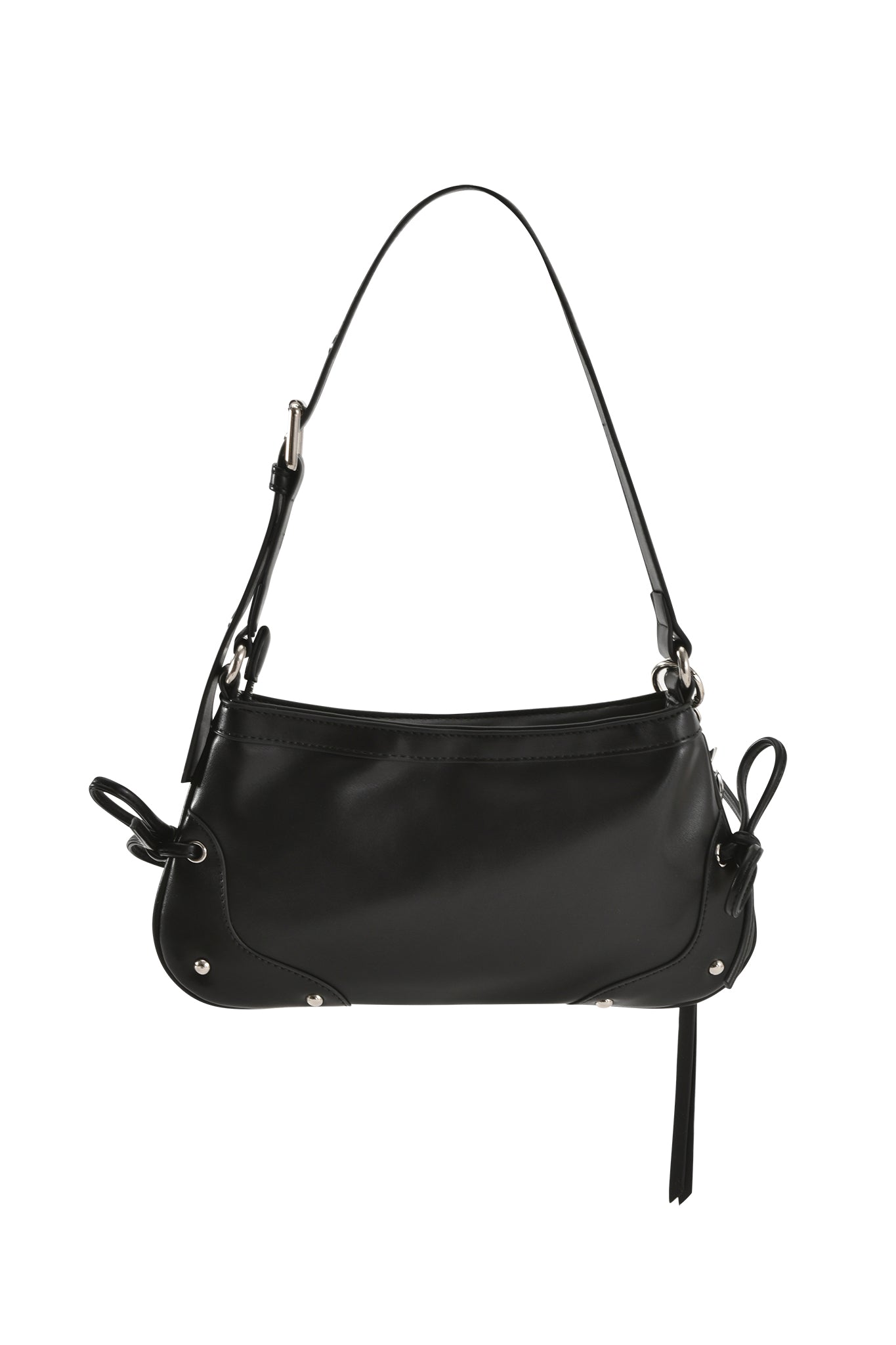 The HAYLEY BAG - BLACK by I.AM.GIA is a black faux leather shoulder purse with adjustable strap, silver hardware, decorative side knots, smooth finish, and subtle bows. Simple and elegant design.