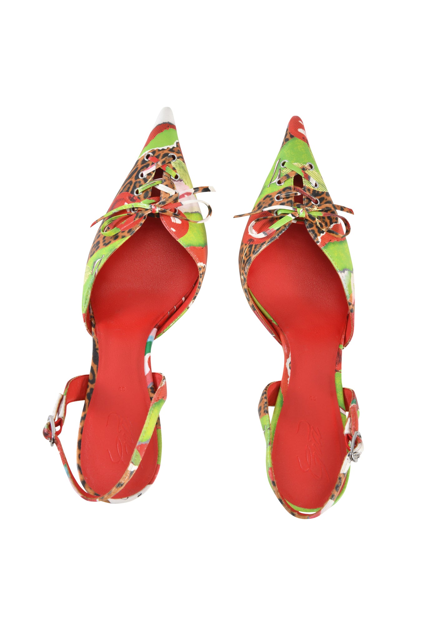 The NOORI MULE - WILD CHERRY by I.AM.GIA is a women's kitten heel slingback with red soles, multicolored animal-print faux leather uppers in Wild Cherry and leopard patterns, and front decorative laces.