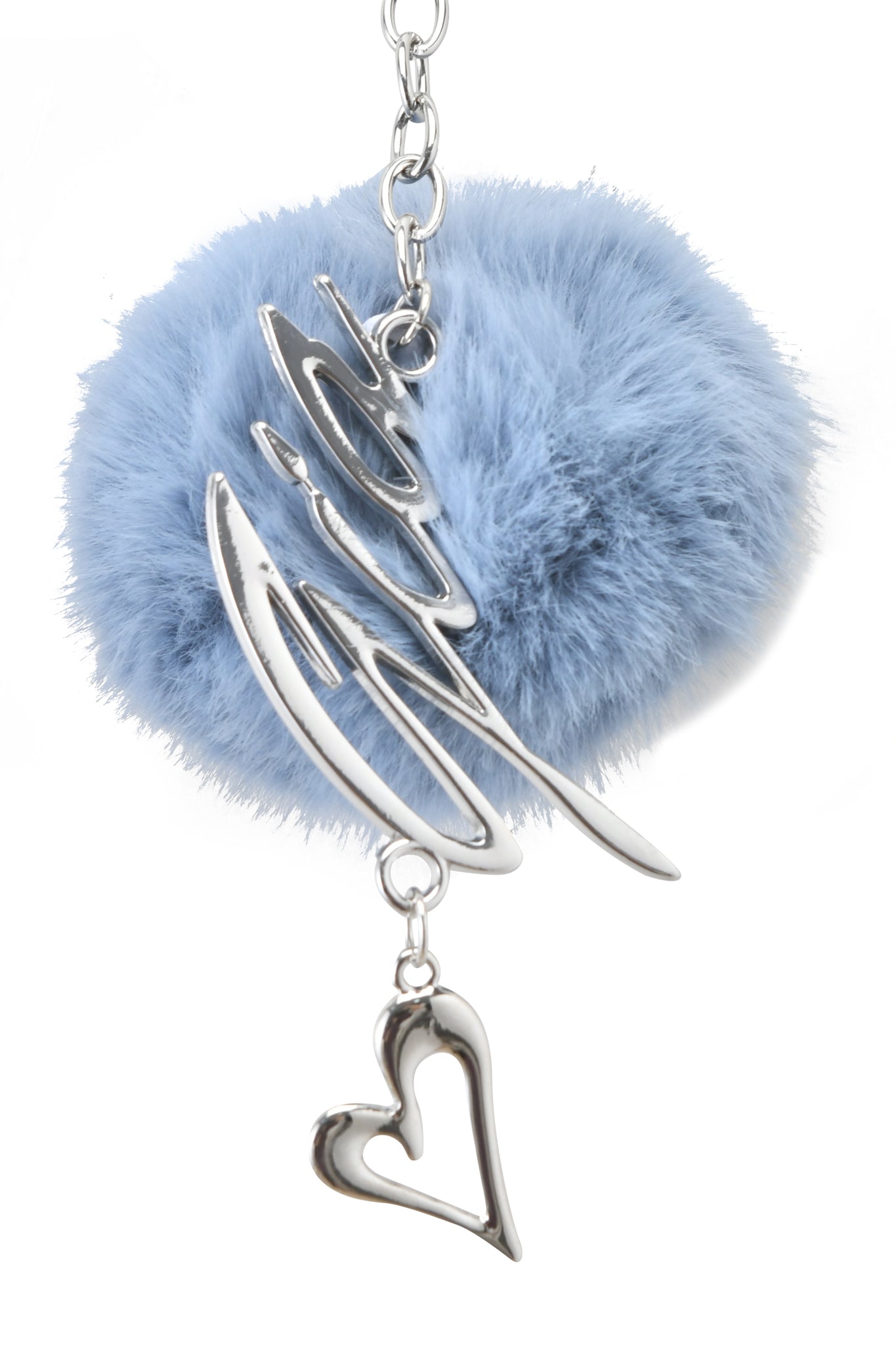 The I.AM.GIA LARSA KEYCHAIN - BLUE showcases a fluffy light blue faux fur pom-pom, silver script and heart charms, all attached to a sleek silver chain.