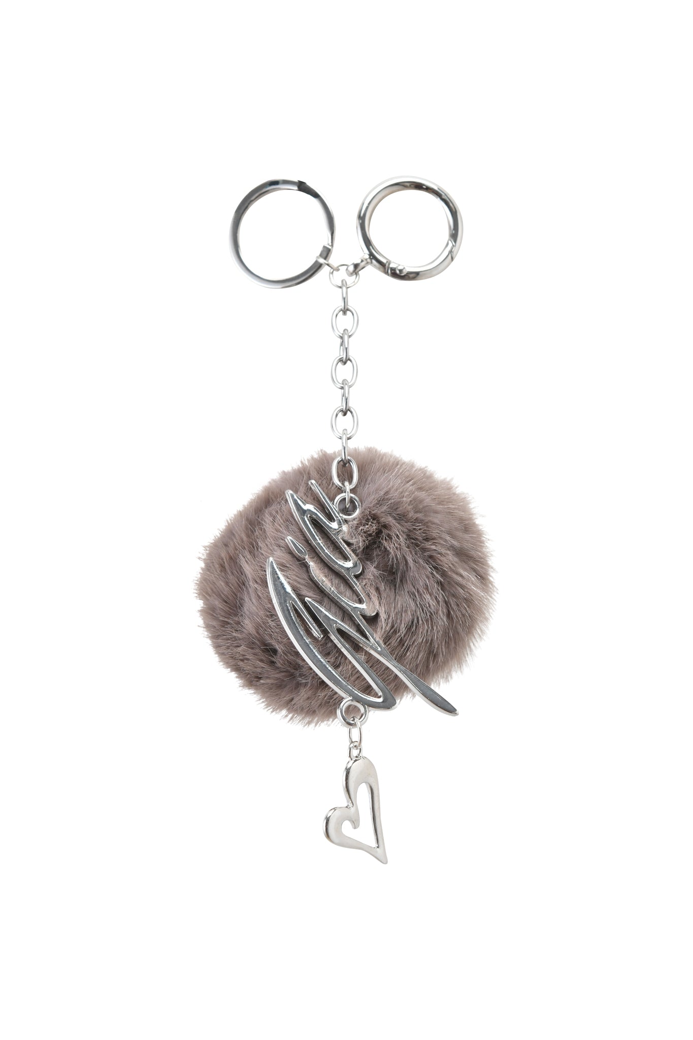 The LARSA KEYCHAIN - MOCHA by I.AM.GIA features a fluffy grey pom-pom, metallic script, and a dangling heart charm on a sturdy keyring with clasp chain.