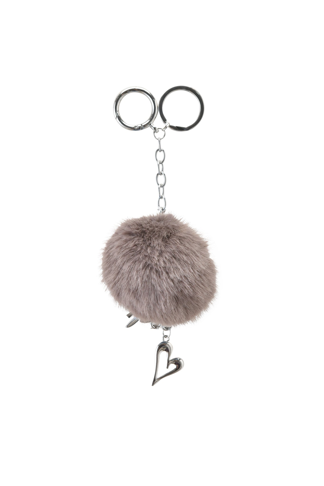 The LARSA KEYCHAIN - MOCHA by I.AM.GIA features a fluffy mocha design, a silver chain, two key rings, and metal heart-shaped charms attached at the bottom.