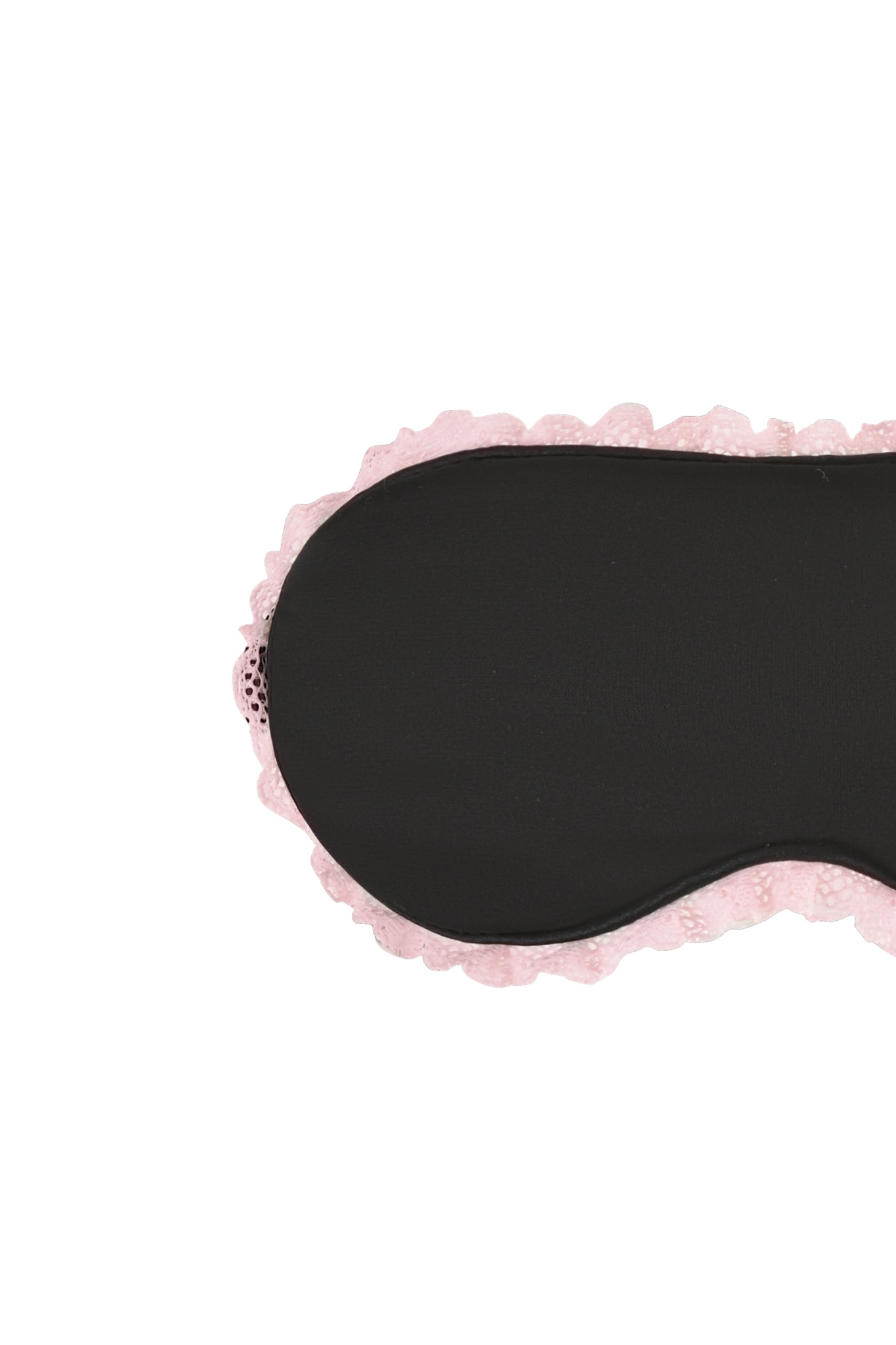 The MARILYN EYE MASK - BLACK by I.AM.GIA is elegantly displayed against a white background, showcasing its smooth satin fabrication and delicate pink lace trim around the edges.