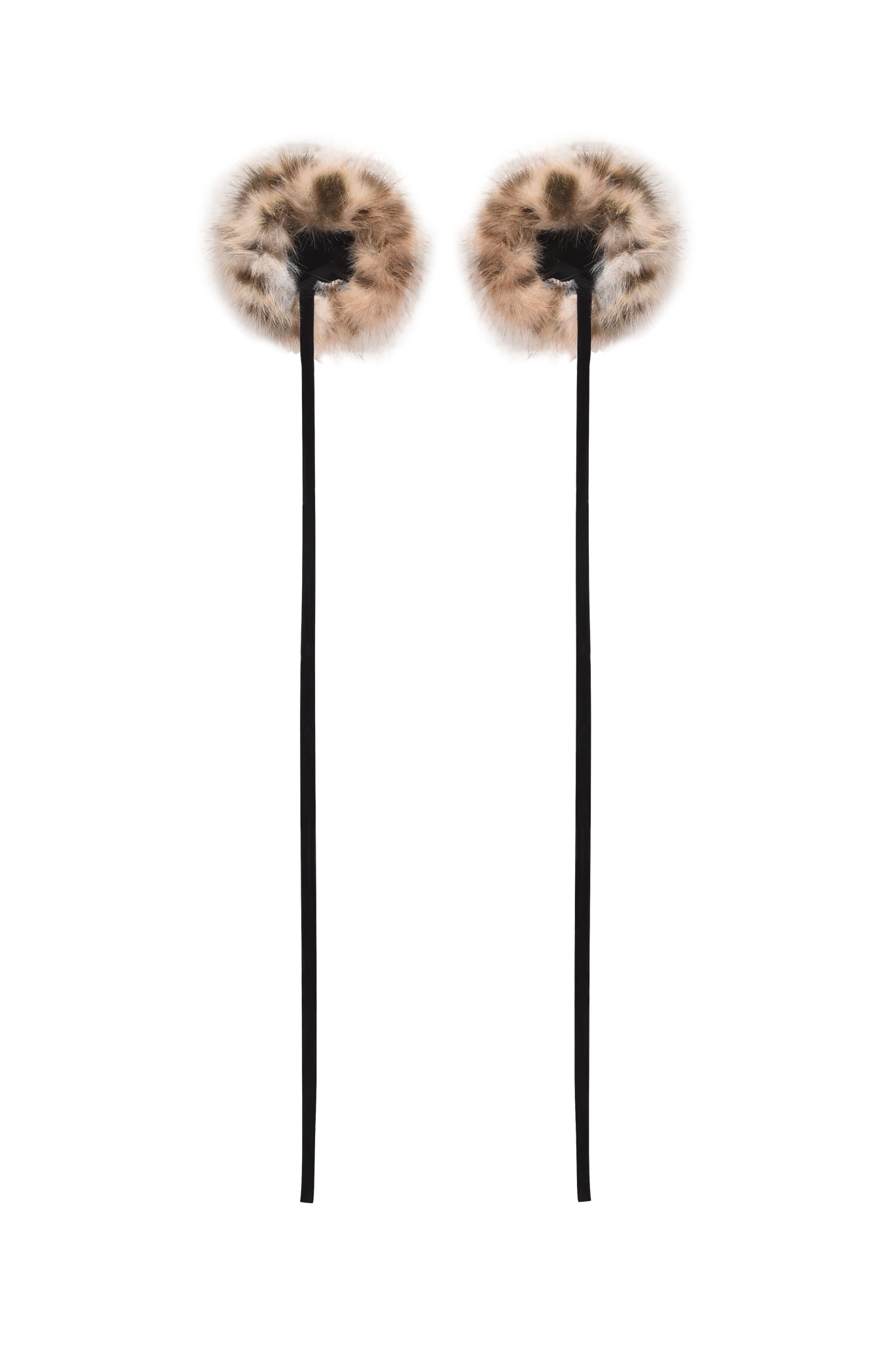 The I.AM.GIA FAWN HEADPHONE COVERS - LEOPARD feature fluffy, round, light brown and black faux fur covers on long, slim black sticks, displayed upright against a white background.