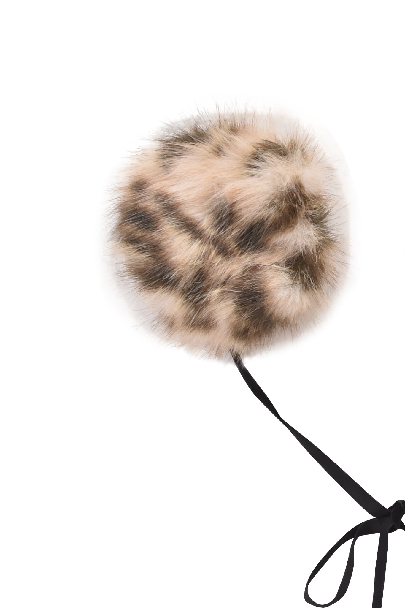 The FAWN HEADPHONE COVERS - LEOPARD by I.AM.GIA feature round, fluffy faux fur in light brown with dark spots, attached to a black ribbon bow, stylishly displayed against a white background.